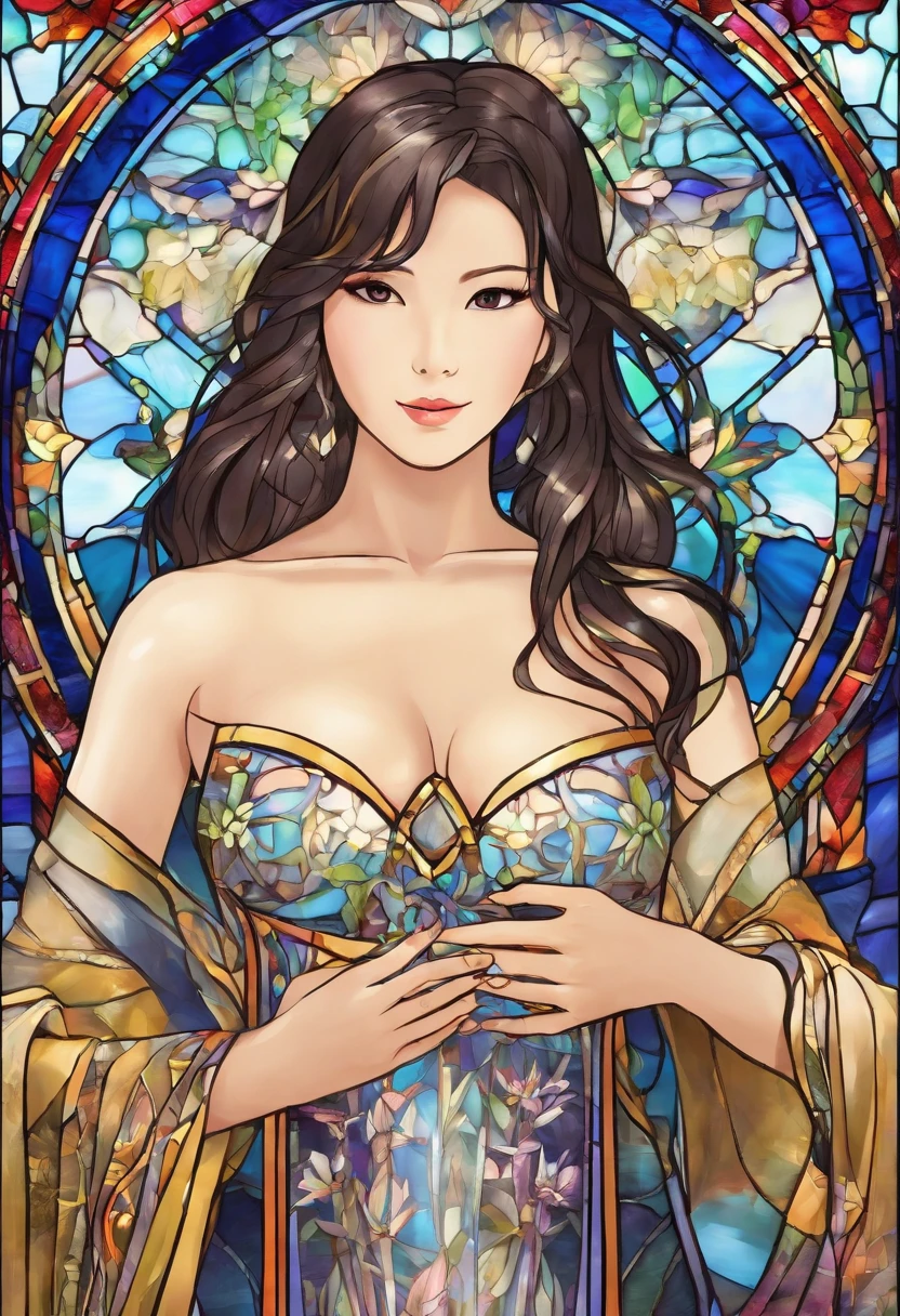 Asian Beautiful girl, Stained Glass, NAKED, best quality, masterpiece, ultra high resolution, (photorealistic:1.4), raw photo, shiny skin, BRIGHT BODY, dramatic lighting, full body, big breasts, exposed breasts, different positions , different poses, different variations