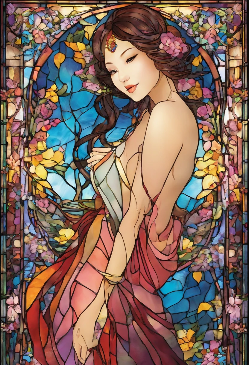 Asian Beautiful girl, Stained Glass, NAKED, best quality, masterpiece, ultra high resolution, (photorealistic:1.4), raw photo, shiny skin, BRIGHT BODY, dramatic lighting, full body, big breasts, exposed breasts, different positions , different poses, different variations