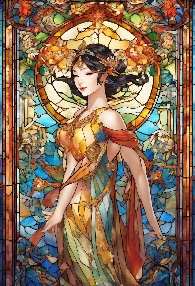 Asian Beautiful girl, Stained Glass, NAKED, best quality, masterpiece, ultra high resolution, (photorealistic:1.4), raw photo, shiny skin, BRIGHT BODY, dramatic lighting, full body, big breasts, exposed breasts, different positions , different poses, different variations