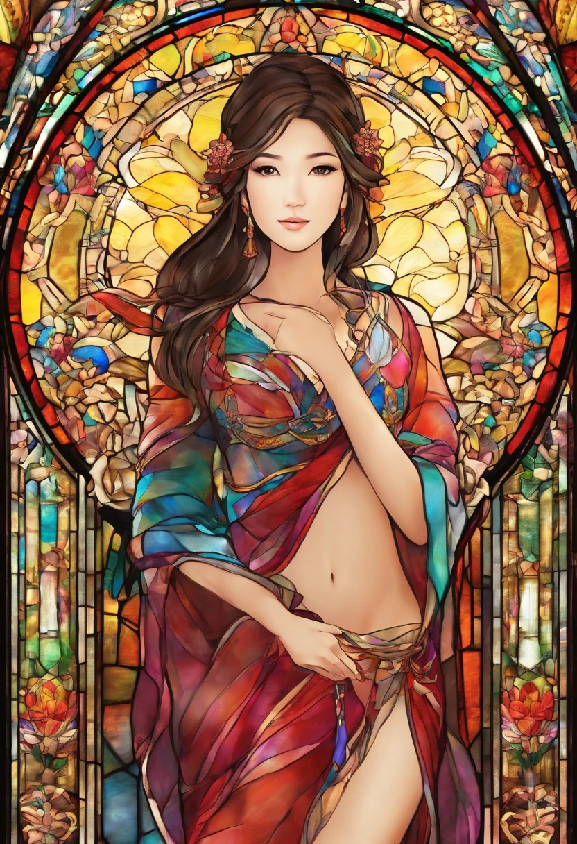 Asian Beautiful girl, Stained Glass, NAKED, best quality, masterpiece, ultra high resolution, (photorealistic:1.4), raw photo, shiny skin, BRIGHT BODY, dramatic lighting, full body, big breasts, exposed breasts, different positions , different poses, different variations