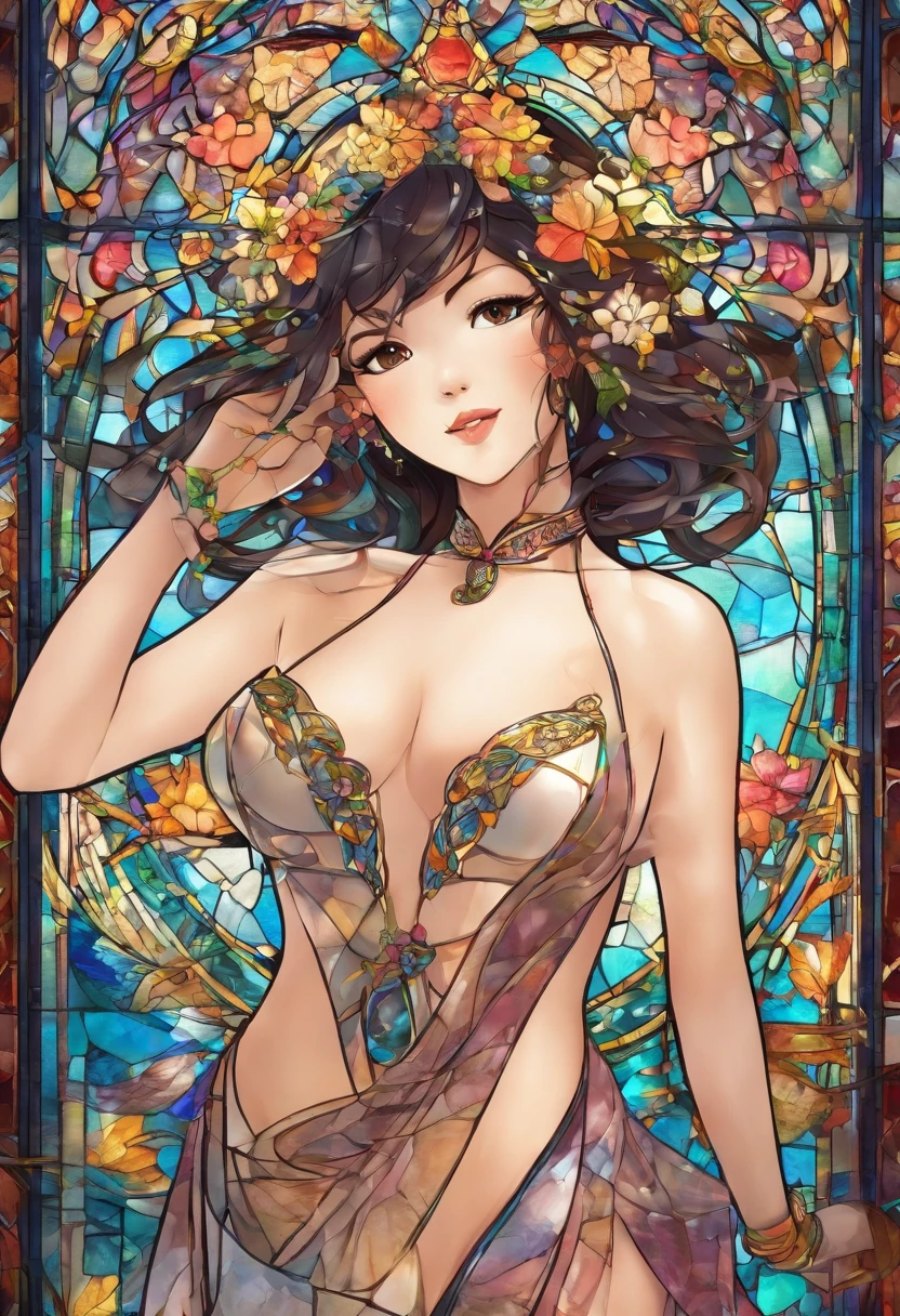 Asian Beautiful girl, Stained Glass, NAKED, best quality, masterpiece, ultra high resolution, (photorealistic:1.4), raw photo, shiny skin, BRIGHT BODY, dramatic lighting, full body, big breasts, exposed breasts, different positions , different poses, different variations