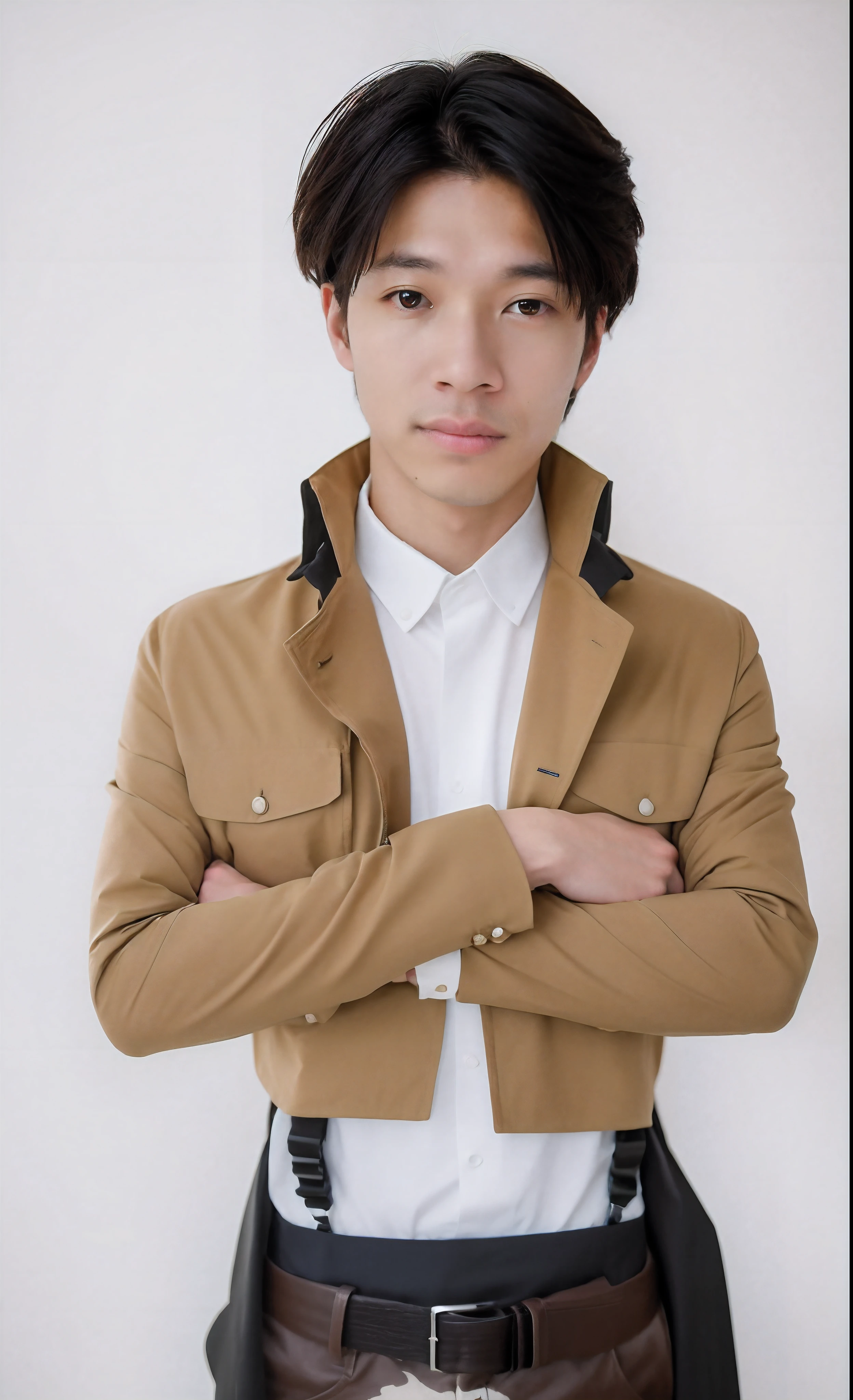 High quality image, masterpiece, detailed hair texture, detailed skin texture, detailed cloth texture, 8k, add fabric details, ultra detailed skin texture, ultra detailed photo, skin pores, cloth details, high skin details, realistic hair details, there is a man with a jacket and tie standing with his arms crossed, he is wearing a trenchcoat, makoto, makoto shinkai ( apex legends ), kentaro miura style, kazuma kaneko, inspired by Raymond Han, makoto shinka, as an anime character, kousuke oono, hsiao-ron, brown jacket
