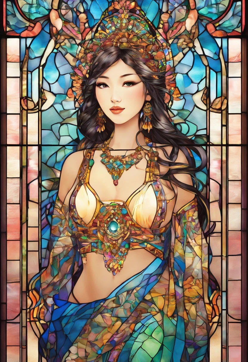 Asian Beautiful girl, Stained Glass, NAKED, best quality, masterpiece, ultra high resolution, (photorealistic:1.4), raw photo, shiny skin, BRIGHT BODY, dramatic lighting, full body, big breasts, exposed breasts, different positions , different poses, different variations