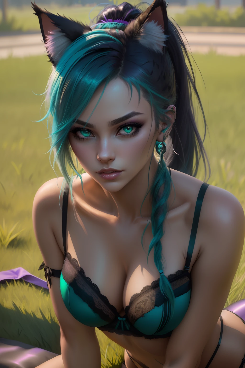 catgirl, big cat ears, full body, beautiful girl, ponytail teal-green disheveled hair, purple eyeshadow, (lingerie:1.2), laying on grass (grass background:1.2), dark makeup, digital art, trending on artstation, highly detailed, fine detail, intricate, beautiful detailed glow, detailed, Cinematic light, highres, detailed facial features,sharp focus, smooth, aesthetic, cyberpunk