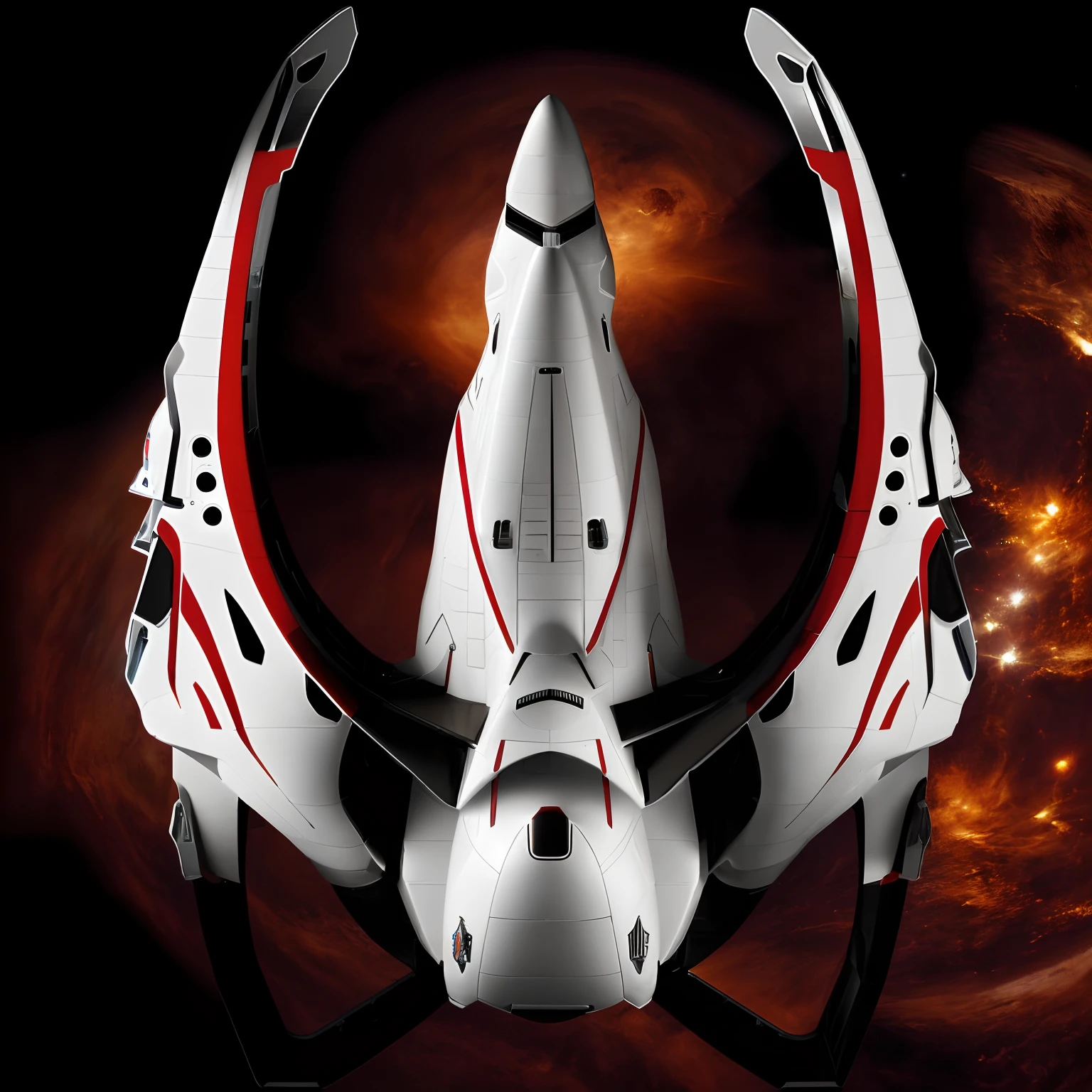 A closeup of a fighter jet with black and white and red stripes, Escuro ( spaceship ), nave estelar futurista, Projeto de naves espaciais, nave espacial scifi, spaceship, alien starship, nave espacial, nave espacial futurista, legendary space ship, 5th gen fighter, hyperspace creature, nave espacial detalhada, Grande nave espacial estranha, planos ascendentes, symmetric!! scientific fiction, Drone Reaver, (matte lighting),(ambiente desfocado)