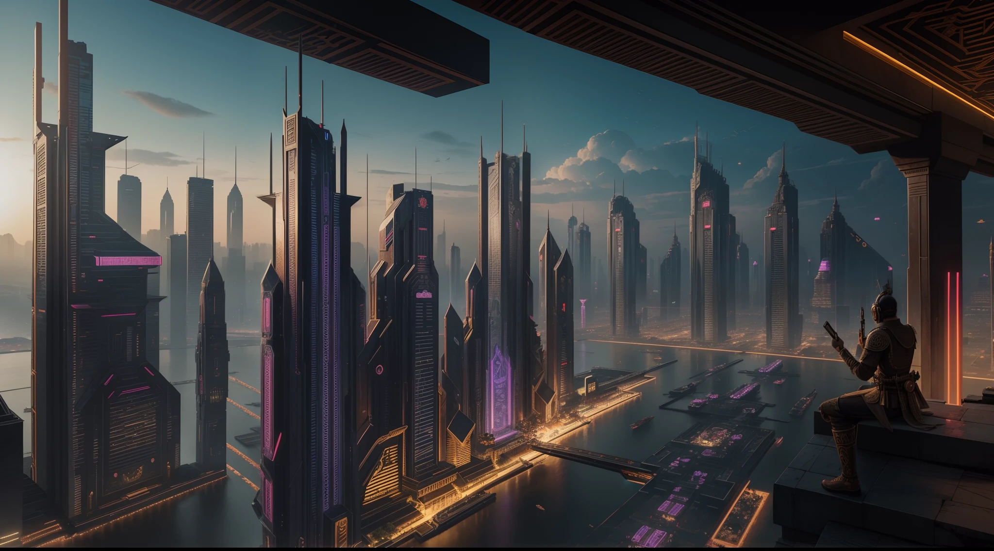 (masterpiece), (Majapahit), (kingdom), (Nusantara), (dystopian), (cyberpunk), The Great Majapahit Empire in the Future, advanced technology, cyberpunk Style, Mix of Traditional and Modern Futuristic, High detailed, hyper realistic, View of a Great Kingdom in 2300, Megacity Buildings with neon lights, Flying cars, Javanese Architecture mixed with modern technology, photorealism, 8k HD