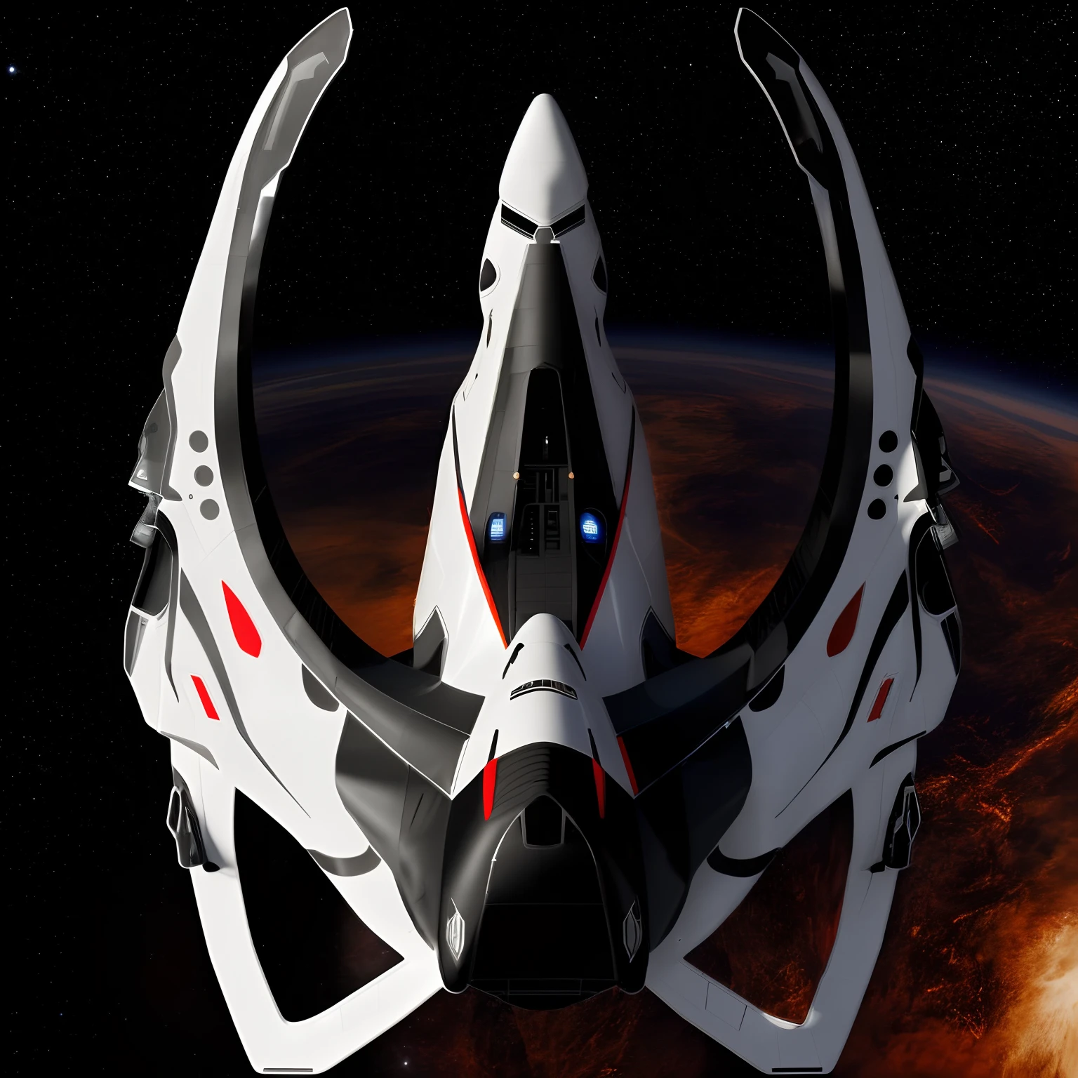 A closeup of a fighter jet with black and white and red stripes, Escuro ( spaceship ), nave estelar futurista, Projeto de naves espaciais, nave espacial scifi, spaceship, alien starship, nave espacial, nave espacial futurista, legendary space ship, 5th gen fighter, hyperspace creature, nave espacial detalhada, Grande nave espacial estranha, planos ascendentes, symmetric!! scientific fiction, Drone Reaver, (matte lighting),(ambiente desfocado)