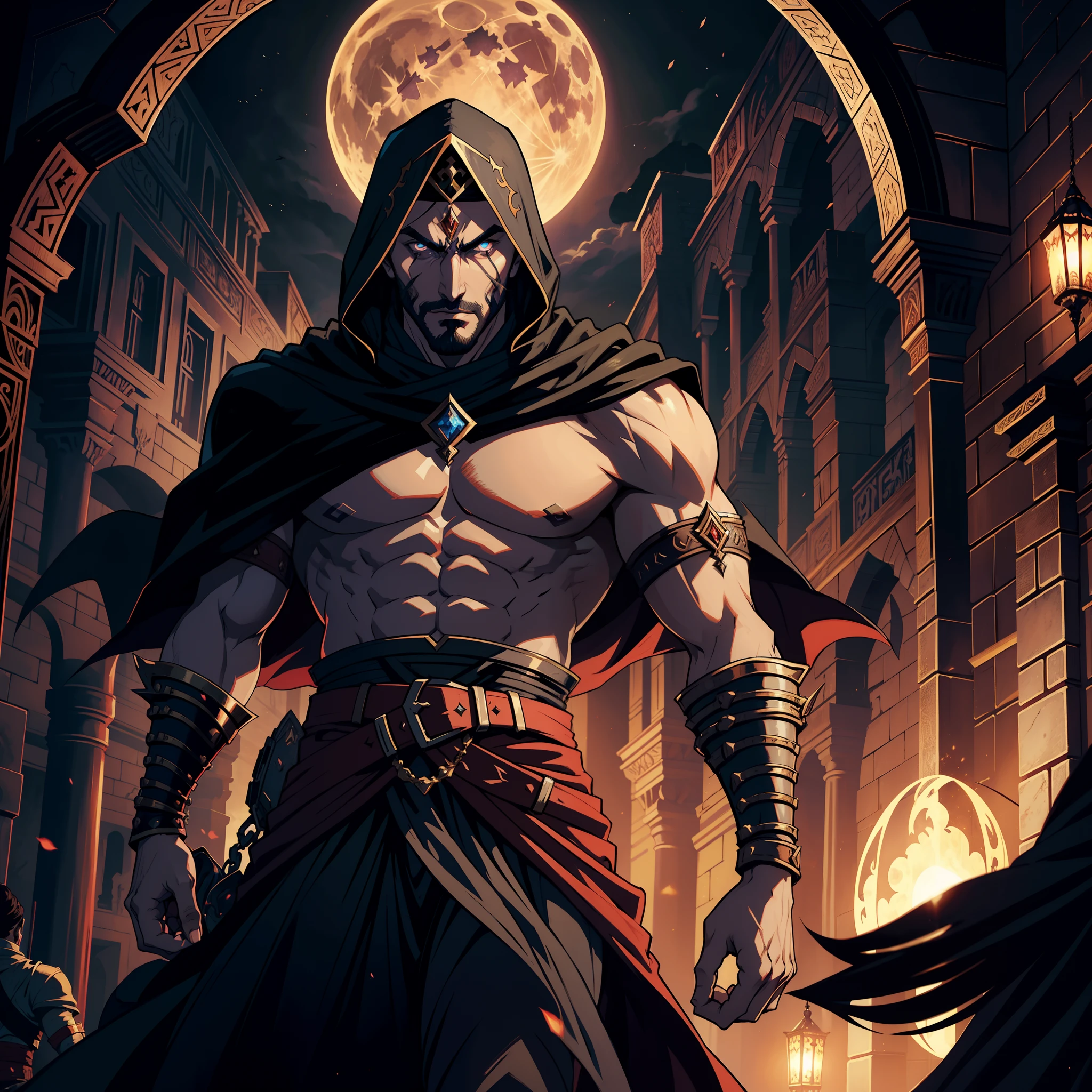 Castlevania Lord of Shadows Handsome Arab Man with Arab Moroccan Turban Scary Legendary Face Ferochyper Realistic Super Detailed Arabian moroccan handsome muscular Lord Dracula leading troops army of djinns to battle War battle atmosphere of the Infernal Moon Hyper Realistic Super Detailed Dynamic Shot Master Cutscenes Legendary Scenes Epic Movie