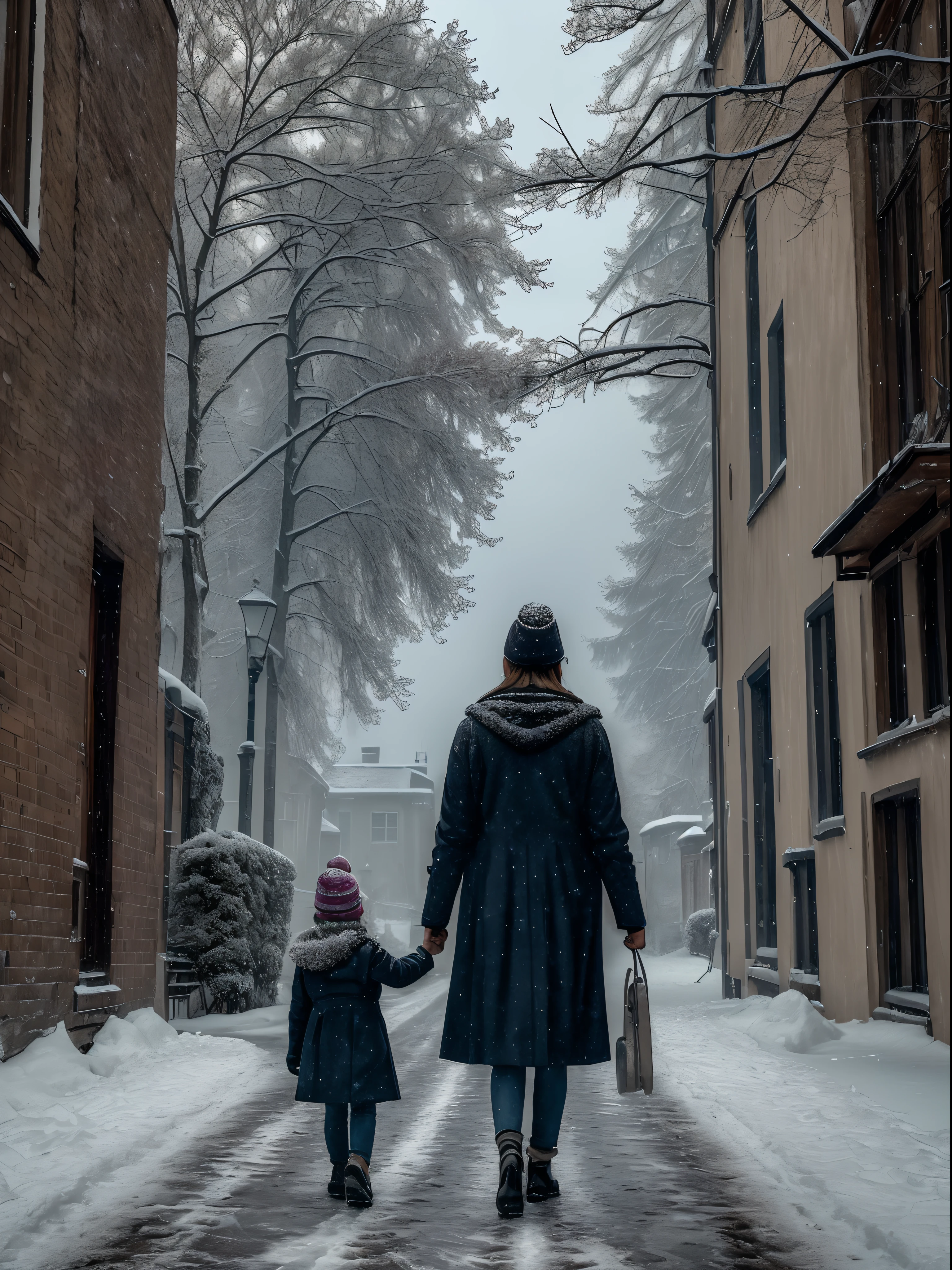 ((("Masterpiece")) 4k, Beautifull, ("Wheather:Winter") A mother Walking With Her Three Year Old Daughter.(Atmosphere:- Thriller) in a neighbourhood, (camera angle:- front faced)