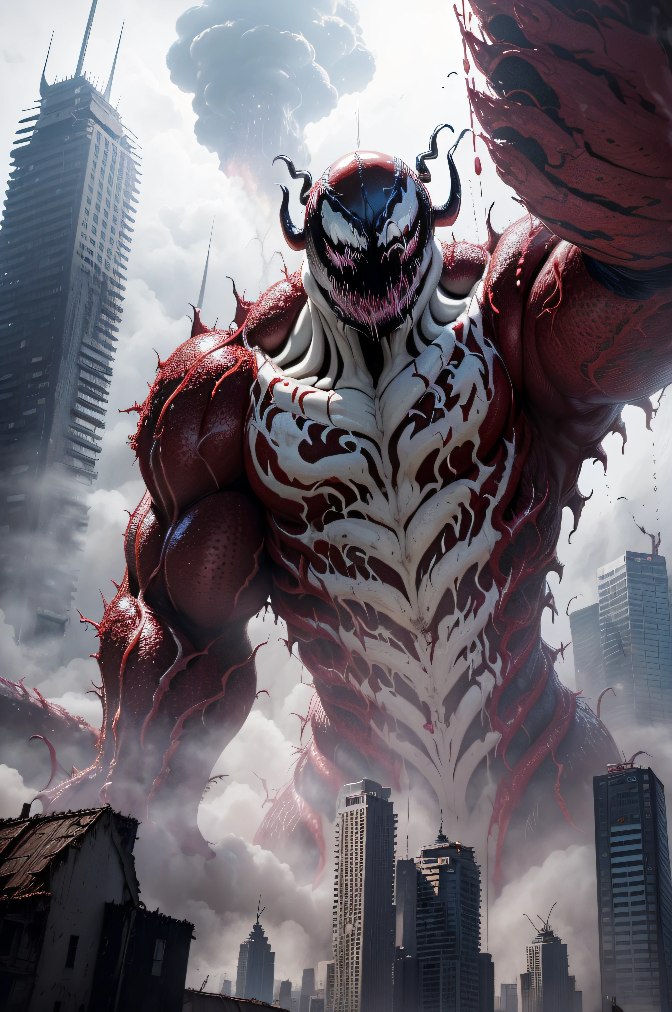 perfect mix between Carnage from Marvel and Godzilla, with Carnage's red tentacles protruding from his entire body, destroying city, blood, epic, (cataclysmic, white eyes like venom, gargantuan, taller than buildings, oversized, gigantic:1.9), absurdres, best quality, fantasy style ,(intricate details), (hyperdetailed), 64k hdr, high detailed, lot of details, high quality, soft cinematic light, dramatic atmosphere, atmospheric perspective-DPM++ 2M Karras