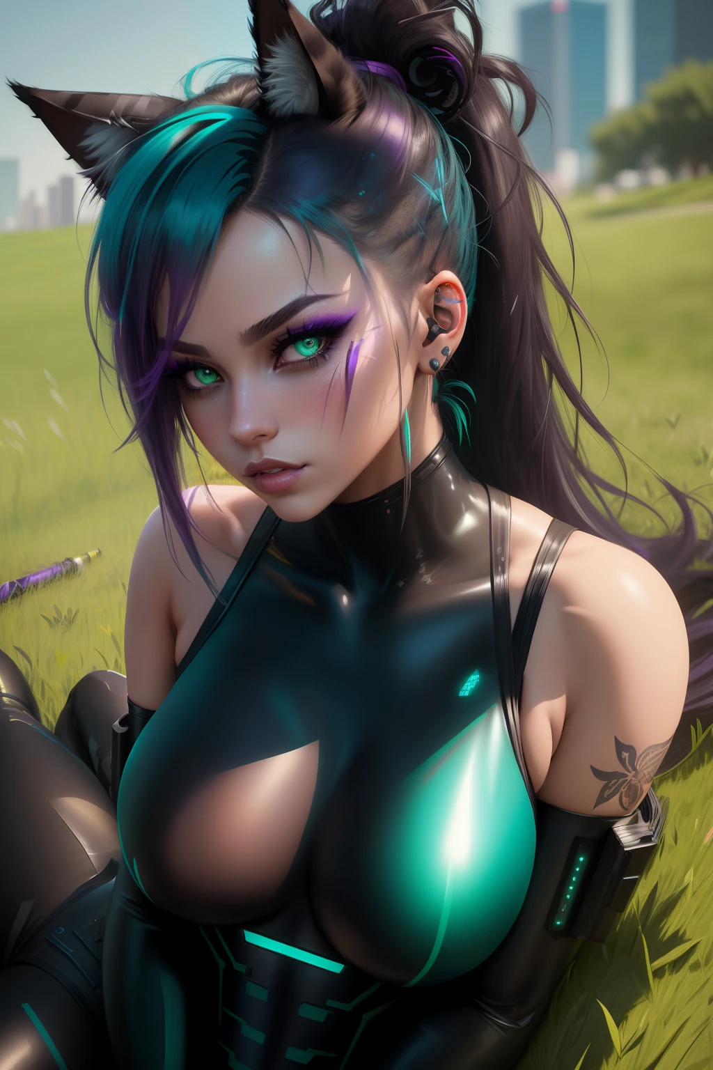 catgirl, big cat ears, full body, beautiful girl, ponytail teal-green disheveled hair, purple eyeshadow, (bodysuit:1.2), laying on grass (grass background:1.2), dark makeup, digital art, trending on artstation, highly detailed, fine detail, intricate, beautiful detailed glow, detailed, Cinematic light, highres, detailed facial features,sharp focus, smooth, aesthetic, cyberpunk