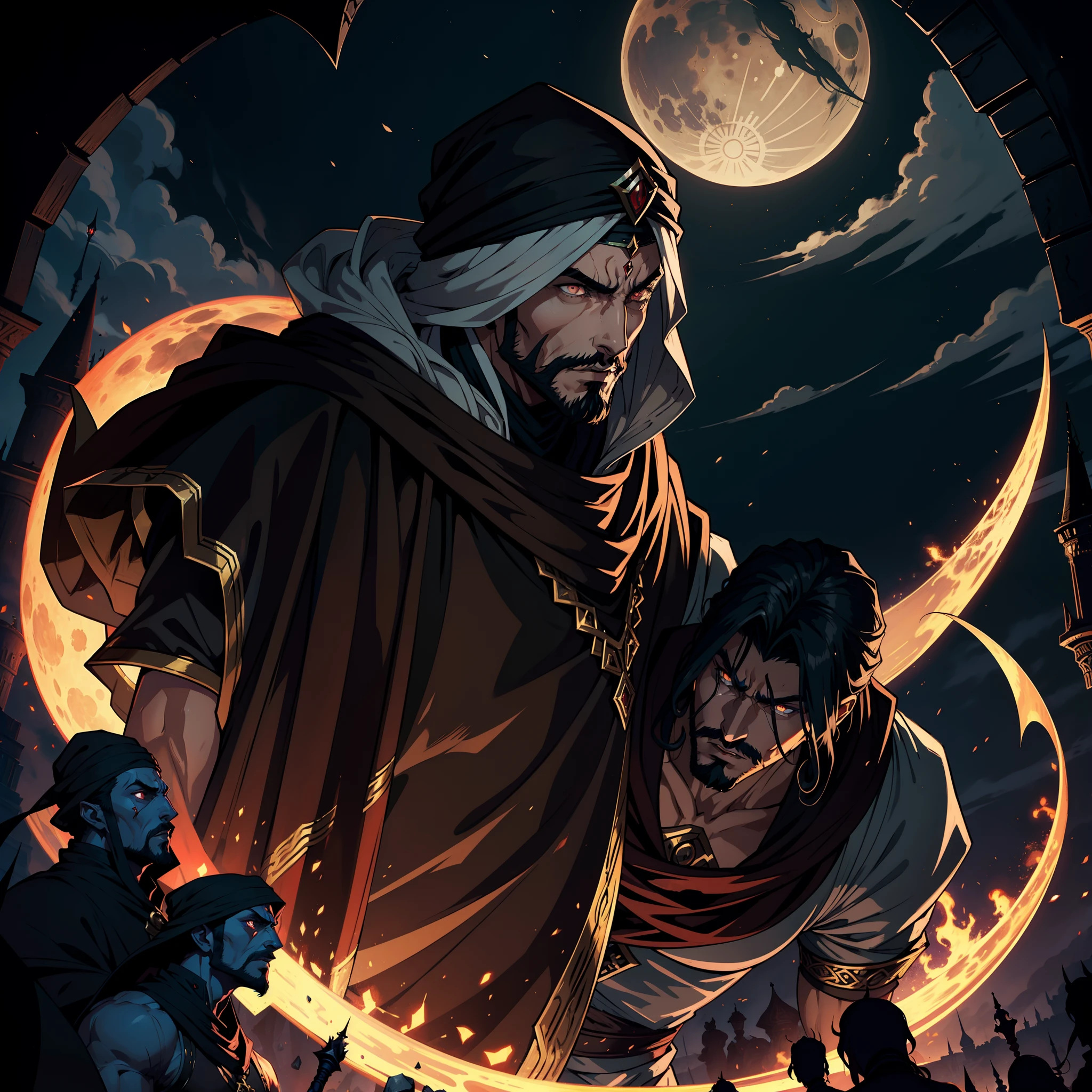 Castlevania Lord of Shadows Handsome Arab Man with Moroccan Arab Scary Turban Legendary Face Ferochyper Realistic Super Detailed Moroccan Arabic Handsome Muscular Lord Dracula Leading Troops Army of Djinns into battle War Infernal Moon Battle Atmosphere Hyper Realistic Super Detailed Dynamic Shot Master Cutscenes Legendary Scenes Epic Movie Legendary army