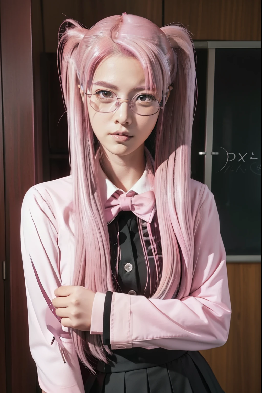 sayatakagi, saya takagi, long hair, ribbon, twintails, (brown eyes:1.5), hair ribbon, (((((pink hair)))))), ((((glasses))))), BREAK skirt, thighhighs, school uniform, serafuku,bowtie, long sleeves, head bust, upper body, solo, black bowtie, BREAK looking at viewer, BREAK indoors, classroom, BREAK (masterpiece:1.2), best quality, high resolution, unity 8k wallpaper, (illustration:0.8), (beautiful detailed eyes:1.6), extremely detailed face, perfect lighting, extremely detailed CG, (perfect hands, perfect anatomy),realistic,80's_jiaopian, 1girl,((realistic)), ((photorealistic)),((high-res, masterpiece, best quality, cinema lighting)), masterpiece, best quality:1.2), medium breasts