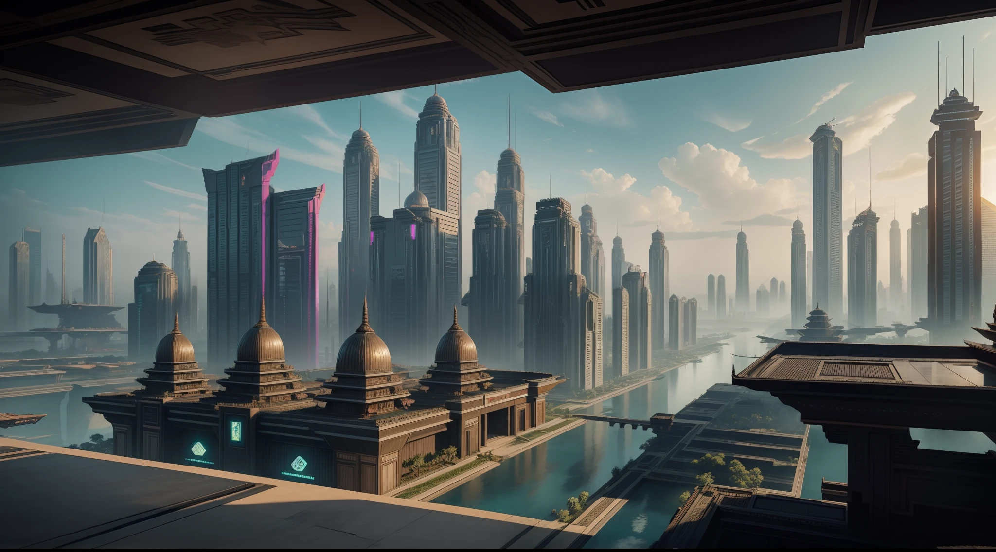 (masterpiece), (Majapahit), (kingdom), (Nusantara), (dystopian), (cyberpunk), The Great Majapahit Empire in the Future, advanced technology, cyberpunk Style, Mix of Traditional and Modern Futuristic, High detailed, hyper realistic, View of a Great Kingdom in 2300, Megacity Buildings with neon lights, Flying cars, Javanese Architecture mixed with modern technology, photorealism, 8k HD