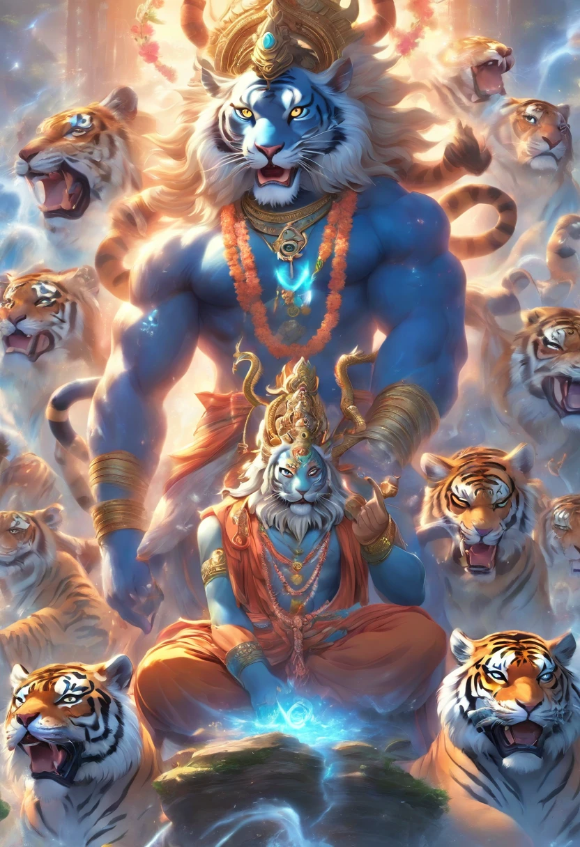 (((hindu god))) best quality, Ultra high resolution, 4K detailed CG, Masterpiece, Shiva,snake on the neck, light blue, indian,trident, four arms, Hindu mythology, Sitting on a tiger skin rug, ((Sitting tiger carpet) ) hindu pictures, about beauty, beautiful, center of screen