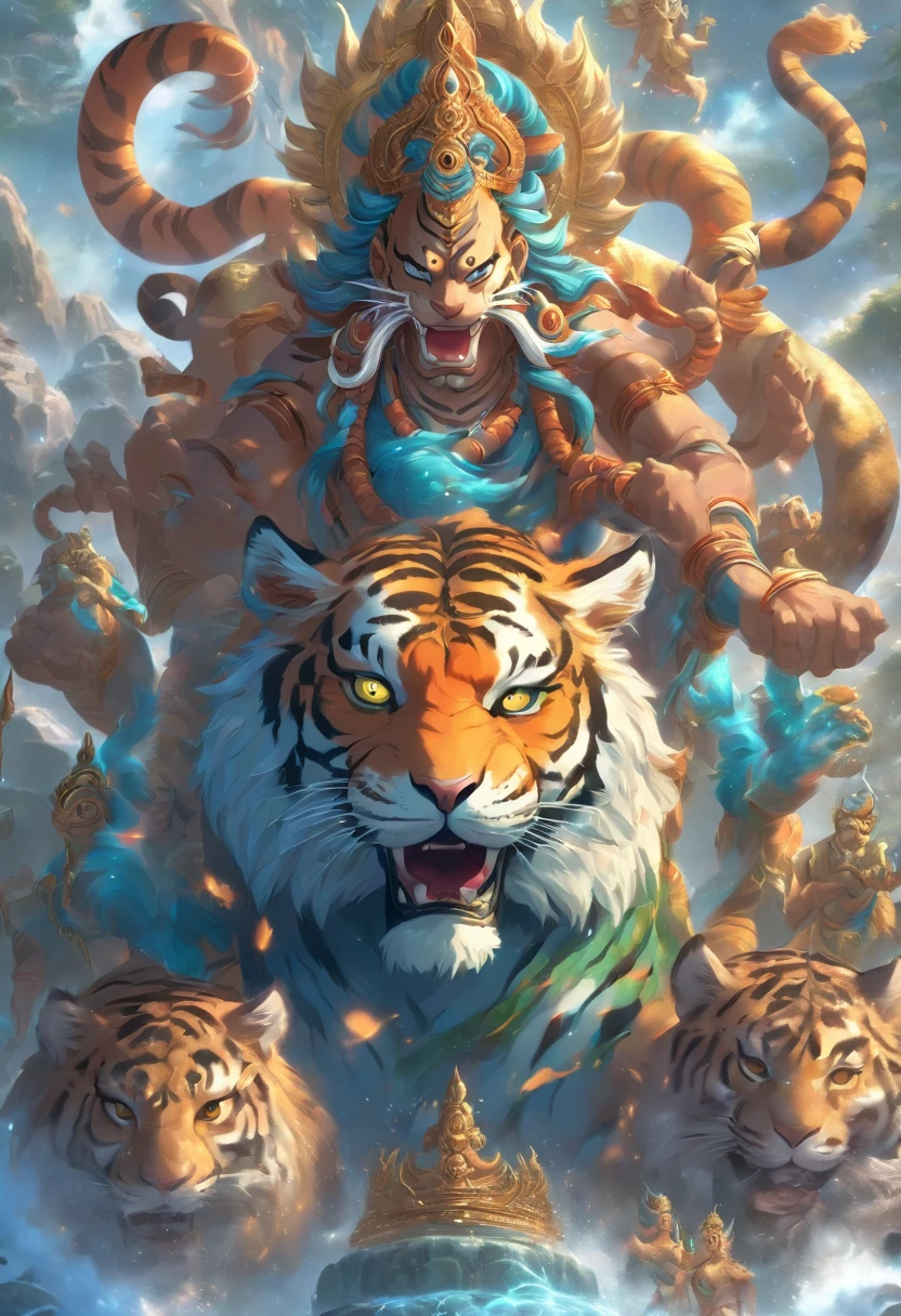 (((Hindu God))) best quality, ultra-high resolution, 4K detailed CG, masterpiece, Shiva,serpent on neck, blue, Indian,trident, four arms, Hindu mythology, ((sitting tiger skin) ) Hindu, aesthetic, beautiful image, centered on the screen