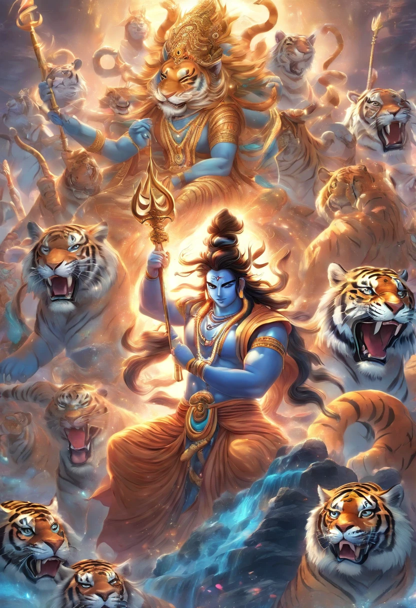 (((Hindu God))) best quality, ultra-high resolution, 4K detailed CG, masterpiece, Shiva,snake on neck, blue, Indian,trident, four arms, Hindu mythology, sitting on tiger skin rug, ((sitting tiger rug) ) Hindu image, aesthetic, beautiful, centered on the screen