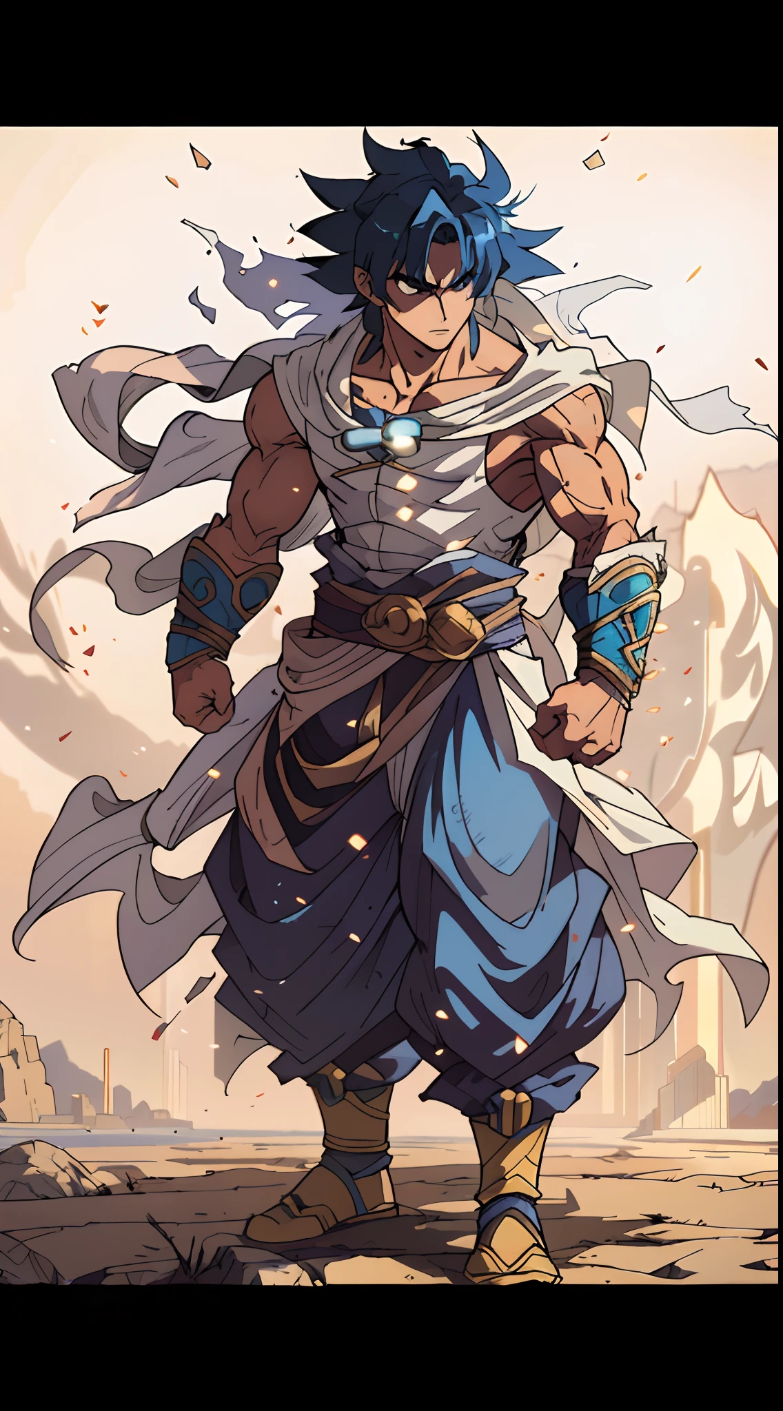 a cartoon of a man with  a blue outfit, desert fighter ancient mage, handsome prince of persia, broly, muscular character, djinn human hybrid, anime character, gentleman, powerful stance, human goku, handsome guy in demon slayer art, muscular male hero, powerful warrior, arabian samurai, highly detailed anime character art, detailed body, detailed face, detailed eyes, ultra realistic lighting, ray tracing, details indepth shadows, dark shadows