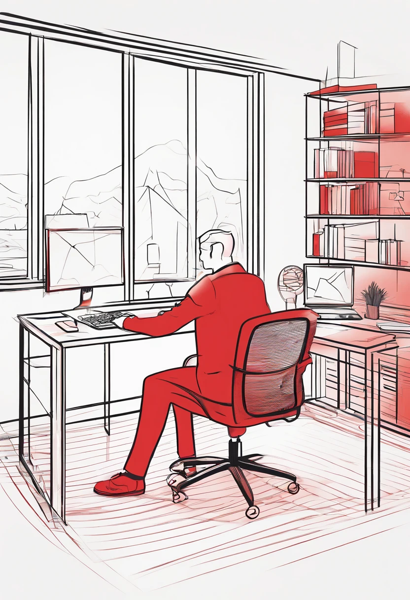Red tones，The person sitting in front of the computer，window，Office，white backgrounid