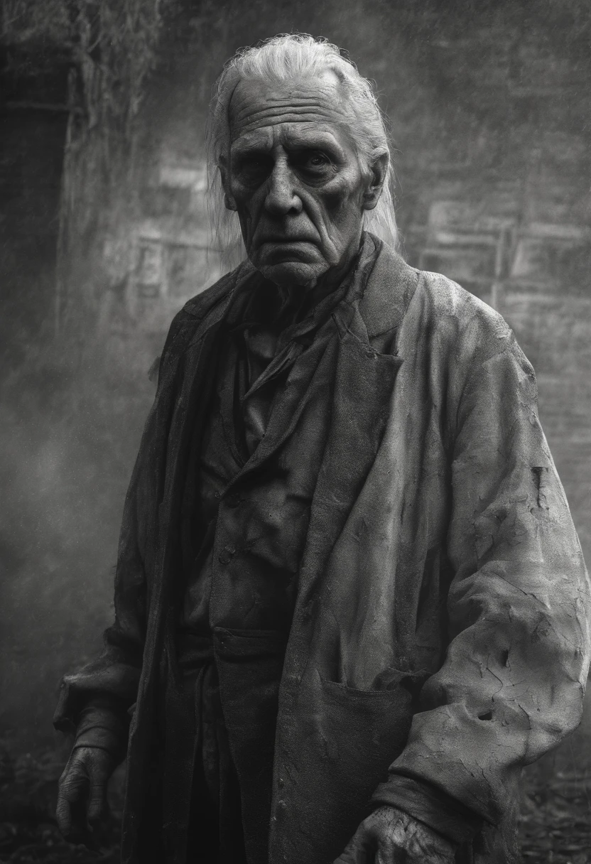 (best quality,4k,8k,highres,masterpiece:1.2),ultra-detailed,(realistic,photorealistic,photo-realistic:1.37),portrait,gray-scale,low-key lighting, wrinkled face,detailed eyes,hollow cheeks,frail body, [fading senses],long white hair,elderly wrinkles, tattered clothing,hunchbacked posture,crumbling background, [deteriorating surroundings]