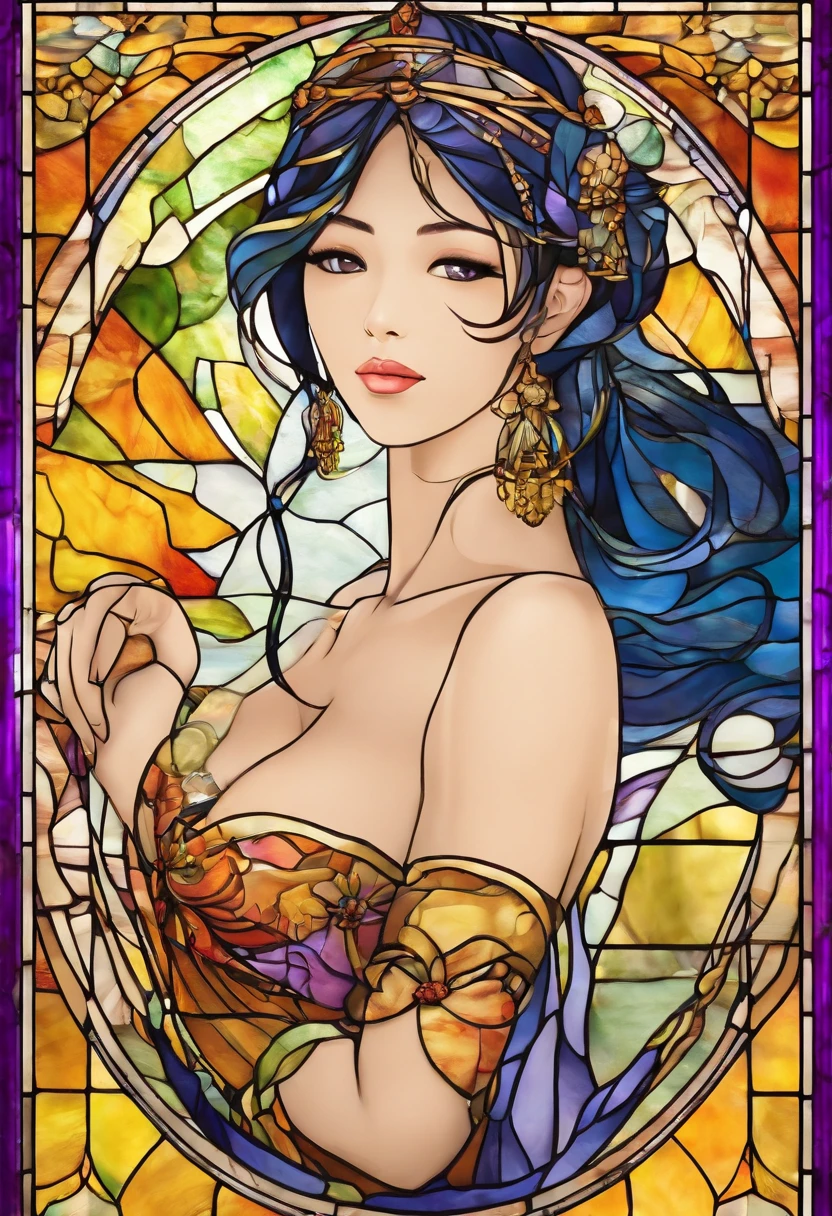 Asian Beautiful girl, Stained Glass, NAKED, best quality, masterpiece, ultra high resolution, (photorealistic:1.4), raw photo, shiny skin, BRIGHT BODY, dramatic lighting, full body, big breasts, exposed breasts, different positions , different poses, different variations