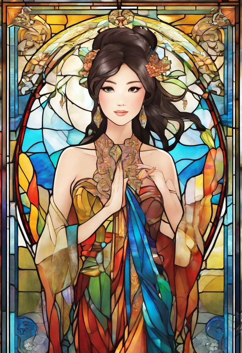 Asian Beautiful girl, Stained Glass, NAKED, best quality, masterpiece, ultra high resolution, (photorealistic:1.4), raw photo, shiny skin, BRIGHT BODY, dramatic lighting, full body, big breasts, exposed breasts, different positions , different poses, different variations