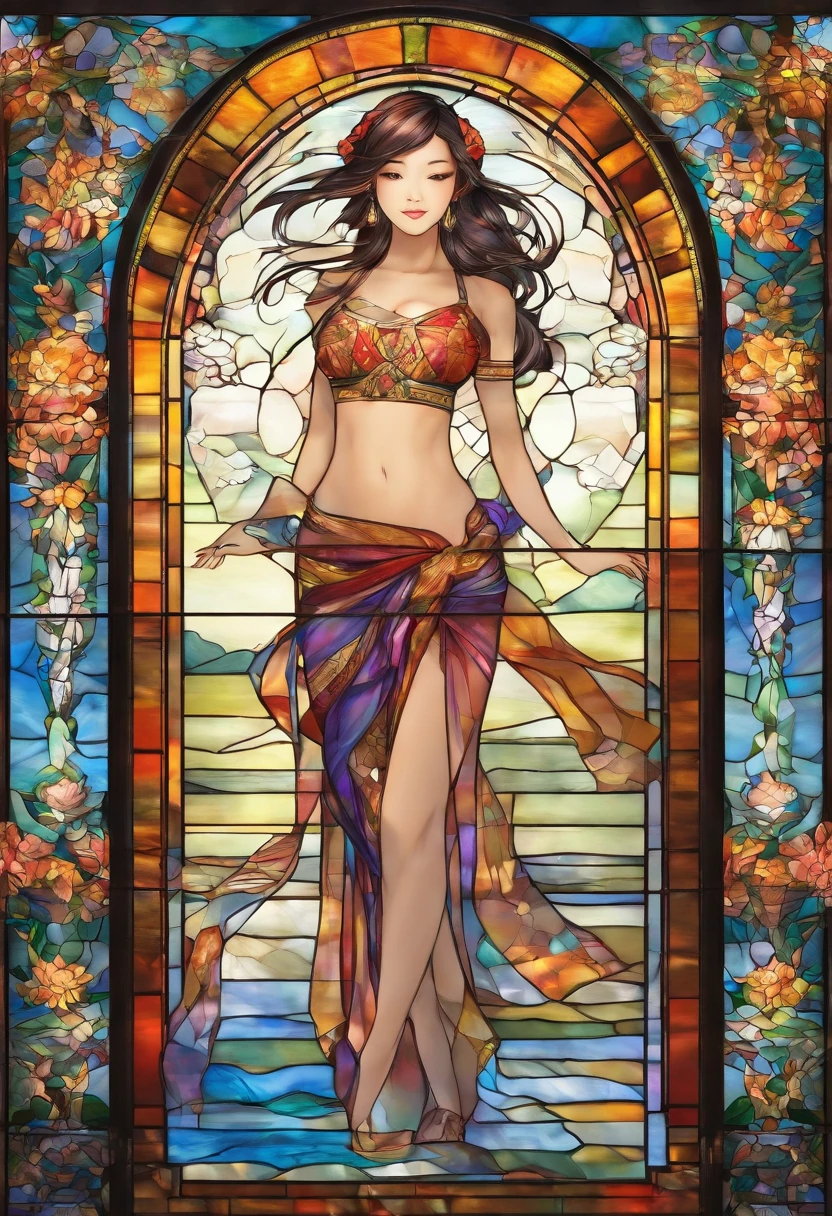Asian Beautiful girl, Stained Glass, NAKED, best quality, masterpiece, ultra high resolution, (photorealistic:1.4), raw photo, shiny skin, BRIGHT BODY, dramatic lighting, full body, big breasts, exposed breasts, different positions , different poses, different variations