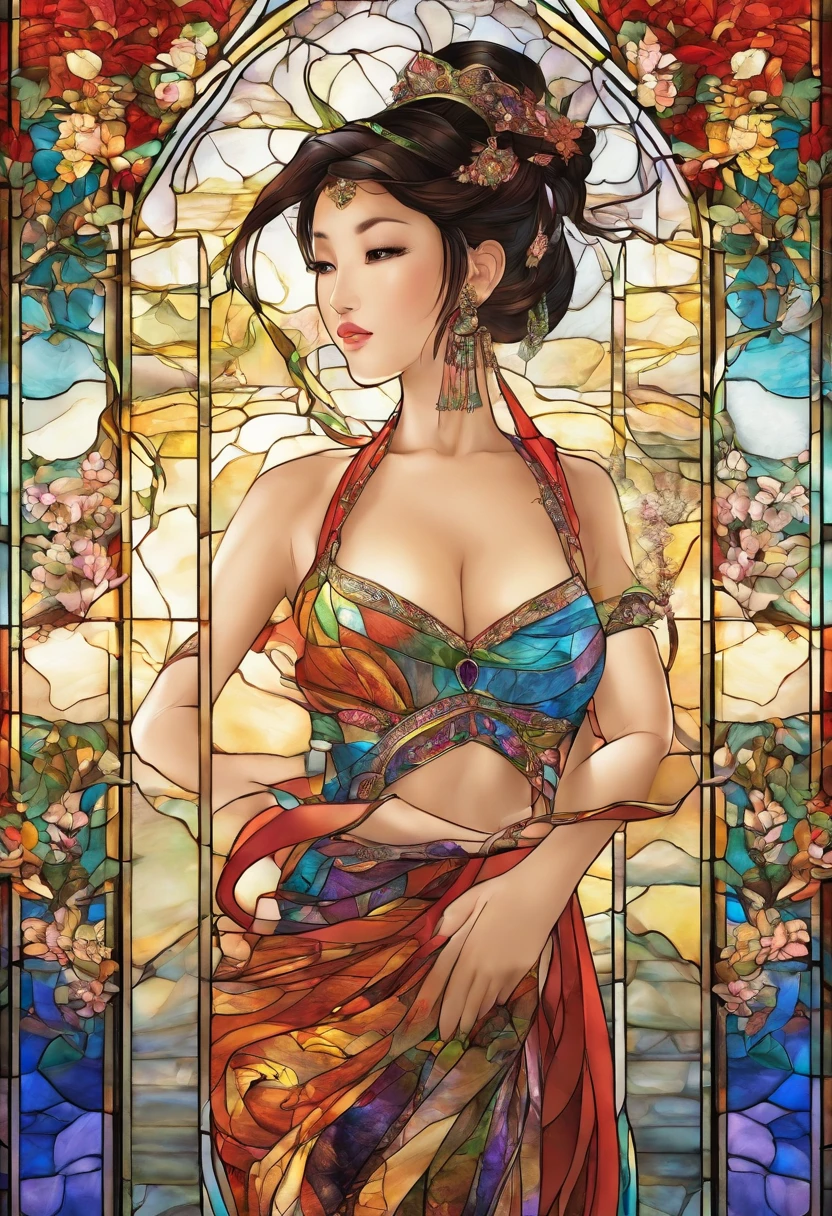 Asian Beautiful girl, Stained Glass, NAKED, best quality, masterpiece, ultra high resolution, (photorealistic:1.4), raw photo, shiny skin, BRIGHT BODY, dramatic lighting, full body, big breasts, exposed breasts, different positions , different poses, different variations