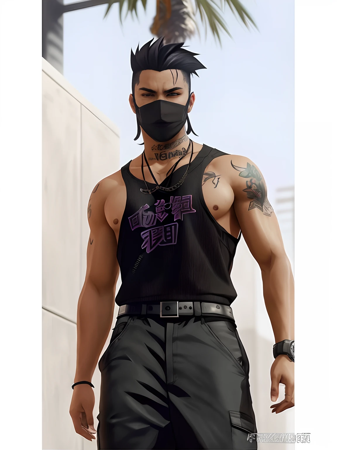 Close-up of a man wearing a mask and a black shirt, cyberpunk street goon, anime style character, male anime character, Male anime style, male character, Realistic art style, Anime figure, muscular character, As a character in Tekken, realism art style, realistic character concept, Style anime, Wearing an all-black door wave mask, gta character