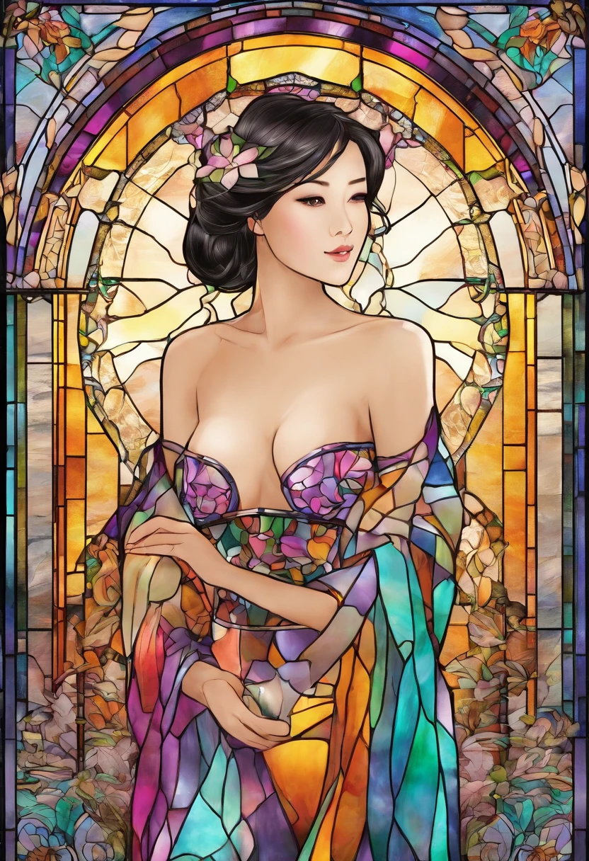 Asian Beautiful girl, Stained Glass, NAKED, best quality, masterpiece, ultra high resolution, (photorealistic:1.4), raw photo, shiny skin, BRIGHT BODY, dramatic lighting, full body, big breasts, exposed breasts, different positions , different poses, different variations
