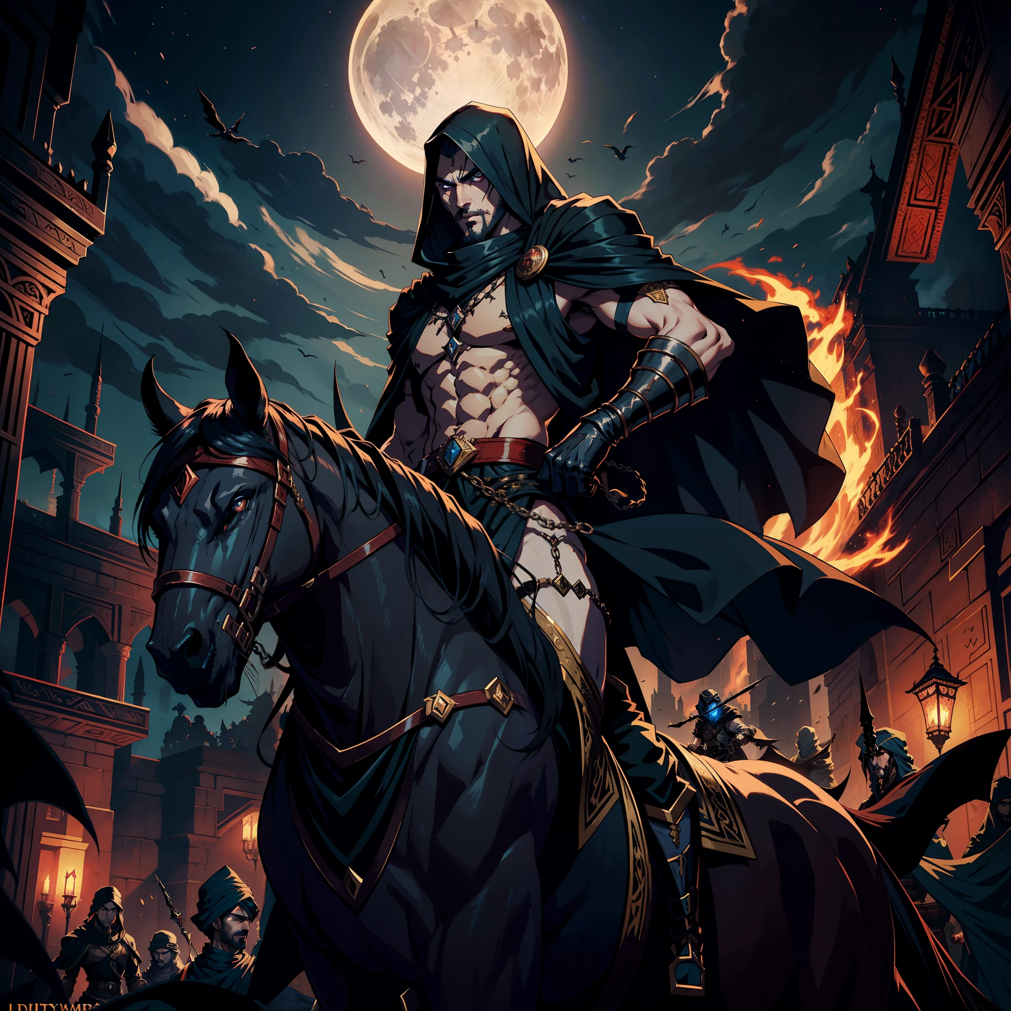 Castlevania Lord of Shadows Handsome Arab Man with Moroccan Arab Scary Turban Legendary Face Ferochyper Realistic Super Detailed Moroccan Arabic Handsome Muscular Lord Dracula Leading Troops Army of Djinns into battle War Infernal Moon Battle Atmosphere Hyper Realistic Super Detailed Dynamic Shot Master Cutscenes Legendary Scenes Epic Movie Legendary army