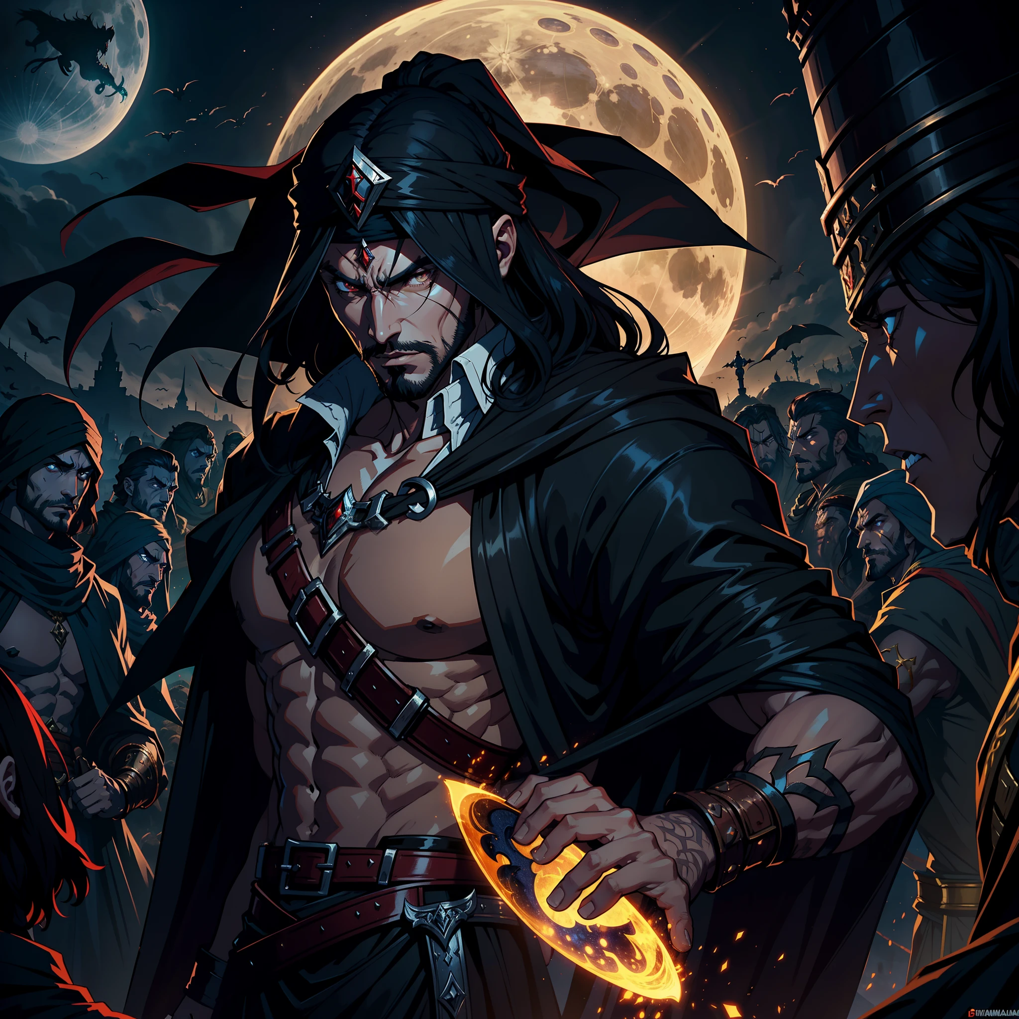 Castlevania Lord of Shadows Handsome Arab Man with Arab Moroccan Turban Scary Legendary Face Ferochyper Realistic Super Detailed Arabian moroccan handsome muscular Lord Dracula leading troops army of djinns to battle War battle atmosphere of the Infernal Moon Hyper Realistic Super Detailed Dynamic Shot Master Cutscenes Legendary Scenes Epic Movie