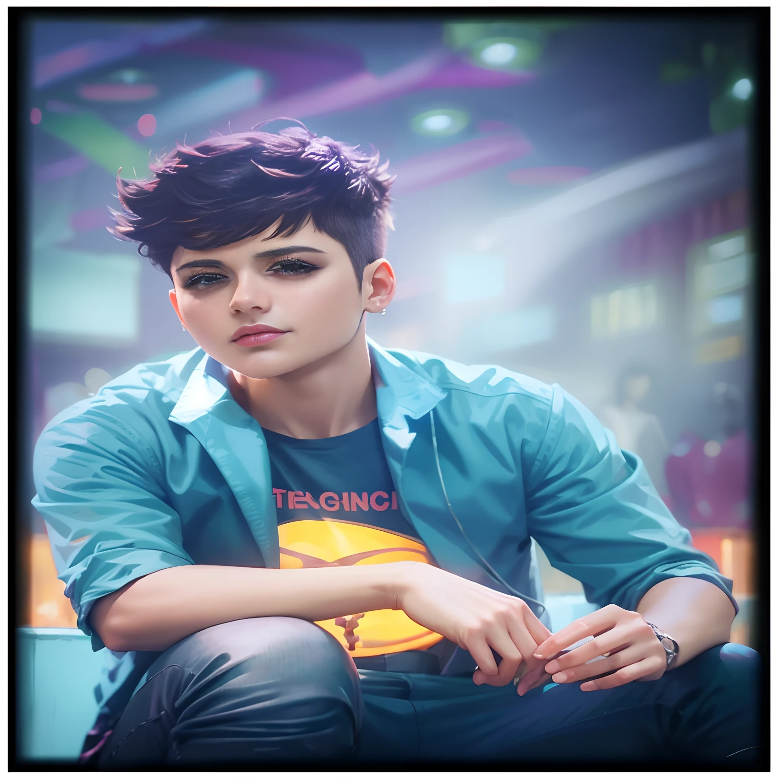 Realistic , portrait, short hair, jewelry, in a nightclub, spot lighting the scene, detailed background, intricate details, (illustration), masterpiece, high resolution, best quality.