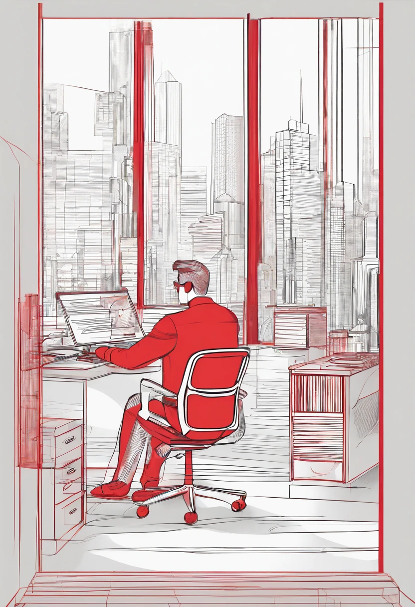 Red tones,The person sitting in front of the computer,window,Office,white backgrounid