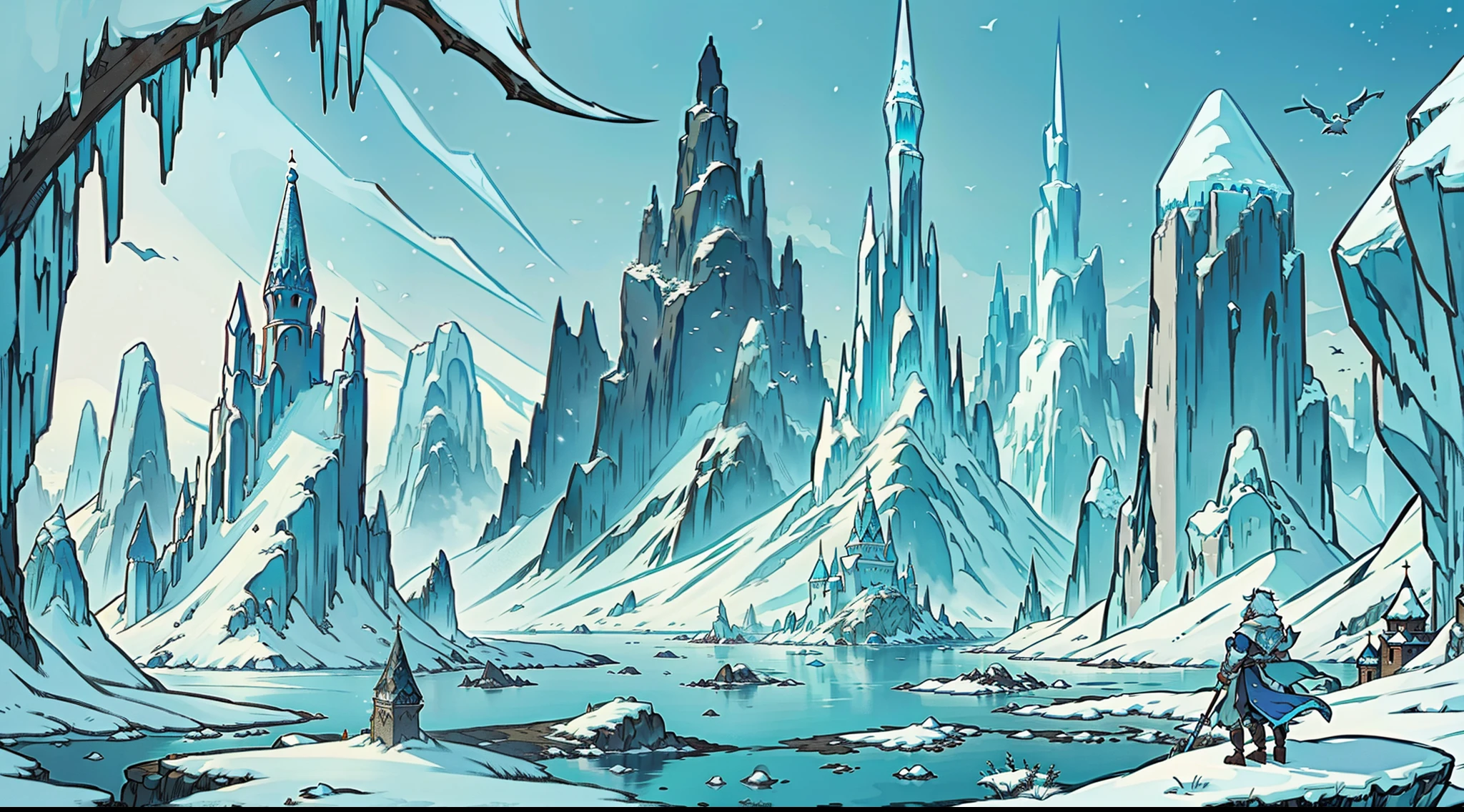 masterpiece, frost kingdom, ice realm, ice land, freljord, fantasy rpg, fantasy floating mountains, bird's-eye view, far away view, distant stand point, distant view