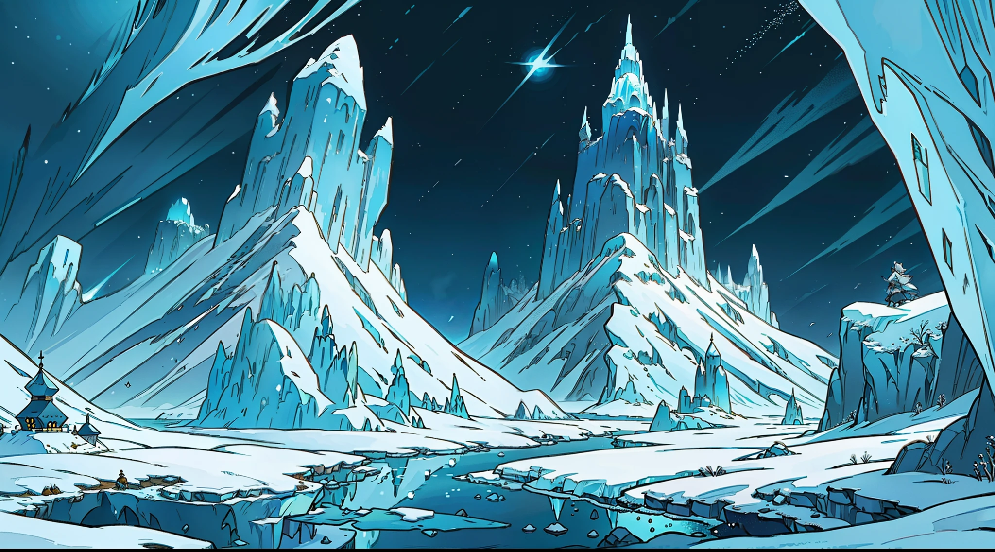 masterpiece, frost kingdom, ice realm, ice land, freljord, fantasy rpg, fantasy floating mountains, bird's-eye view, far away view, distant stand point, distant view