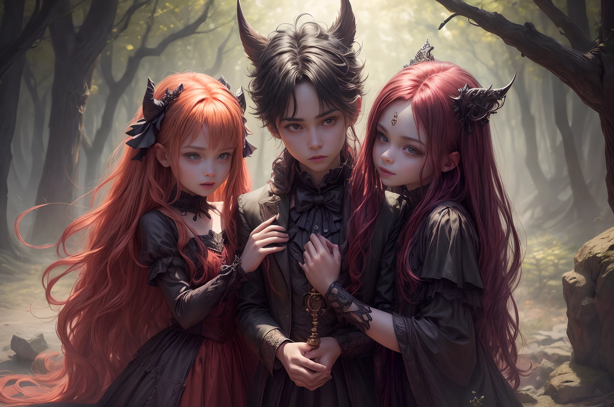 (best quality,4k,8k,highres,masterpiece:1.2),ultra-detailed,(realistic,photorealistic,photo-realistic:1.37),devil boy and girl holding hands,beautiful detailed eyes,beautiful detailed lips,demonic atmosphere,playful and mischievous expressions,dark and mysterious background,nighttime setting,gloomy lighting,sharp focus,dynamic poses,whimsical and colorful illustrations,creative shading techniques,fantasy art style,vivid colors,contrast between light and shadow,supernatural powers,enchanted forest,outfits in dark tones,cute and mischievous facial features,cartoonish yet detailed renderings,flaming red hair for the boy,long flowing hair for the girl,detailed and intricate accessories on their outfits,magical sparks and glowing effects around their hands,subtle hints of mischief in their expressions,joyful and mischievous atmosphere,amazing attention to detail,little devil horns on their heads,curved tails wrapped around their hands,demonic wings,evil grins,glowing yellow eyes,dark and mysterious aura,whimsical and dreamlike atmosphere,fantastical elements,enchanted forest as the backdrop,playful interaction between the boy and girl,expressive emotions,imagination at its best,captivating and dynamic artwork,a celebration of the supernatural,unleashing their magical powers,creating a sense of wonder and adventure with every stroke,artistic interpretation of an otherworldly bond between a devil boy and girl