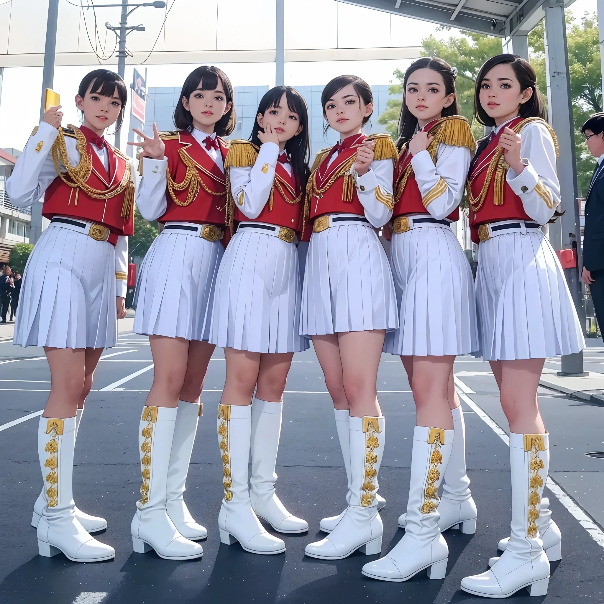 Group of 4 girls in uniform wearing coats and taking photos, captured on canon eos r 6, Magic Uniform University Background. The girl wears a white uniform with a design like Sailor Moon, Emphasize the classic style. Images are of the highest quality (Best Quality, 8K resolution, hight resolution, nffsw:1.2), Provides ultra-detailed and photorealistic visuals. This scene has、It has special effects reminiscent of Toei's tokusatsu movies, Create a dynamic and vibrant atmosphere. Around the girl、There are various symbols and elements that represent the magical nature of the school, keys, etc., note, And bees. Lighting is、Highlight unique uniforms、Meticulously crafted to bring out the vibrant colors of your artwork. The composition is、Captures the enthusiasm and creativity of a girl posing for the perfect shot.