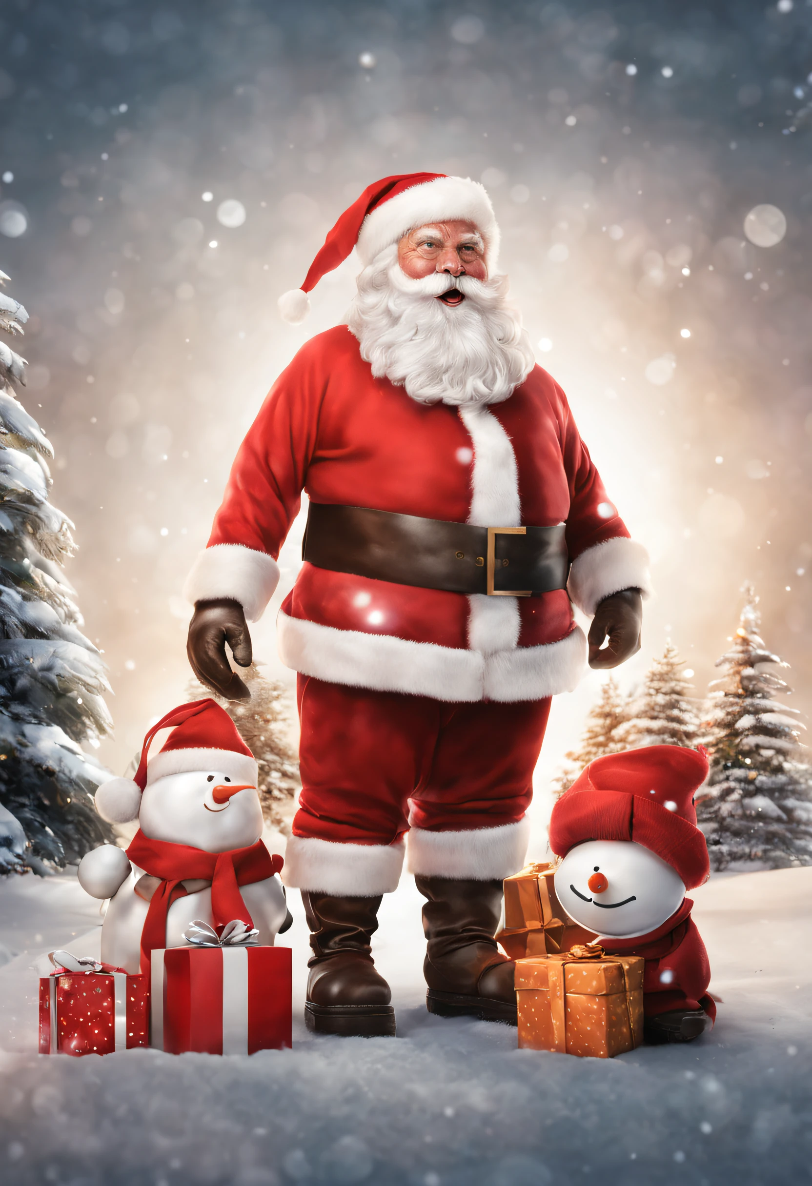 happy santa claus, snowman, gifts, Christmas clothes, hd, 8k, beauty, photorealistic