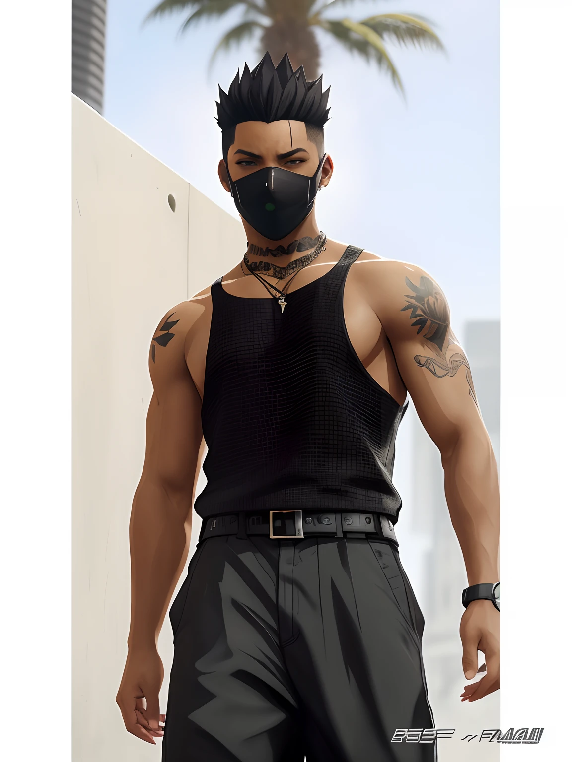 Close-up of a man wearing a mask and a black shirt, cyberpunk street goon, Will Smith's eyes on anime characters，anime style character, male anime character, Male anime style, male character, Realistic art style, Anime figure, muscular character, As a character in Tekken, realism art style, realistic character concept, Style anime, Wearing an all-black door wave mask, gta character