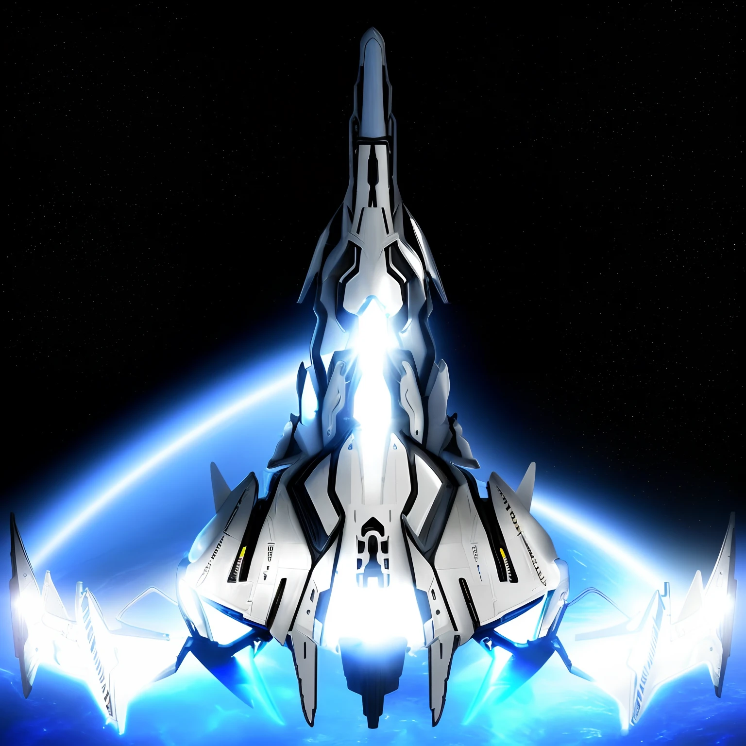 A closeup of a fighter jet with a blue and white stripe, Escuro ( spaceship ), nave estelar futurista, Projeto de naves espaciais, nave espacial scifi, spaceship, alien starship, nave espacial, nave espacial futurista, legendary space ship, 5th gen fighter, hyperspace creature, nave espacial detalhada, Grande nave espacial estranha, planos ascendentes, symmetric!! scientific fiction, Drone Reaver