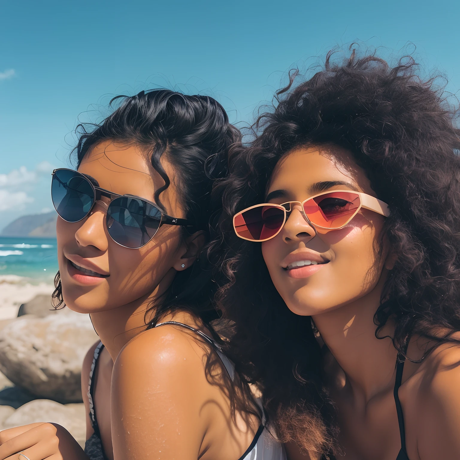There's two women who are sitting on the rocks, Ashteroth, em um dia ensolarado, de pele escura, ao sol, marrom, Foto do perfil, com pele parda, Banho turco de Imaan, with sun glasses, Directed by: Niko Henrichon, no oceano, older sister vibes, dois modelos no quadro, rostos bonitos, childhood friend vibes