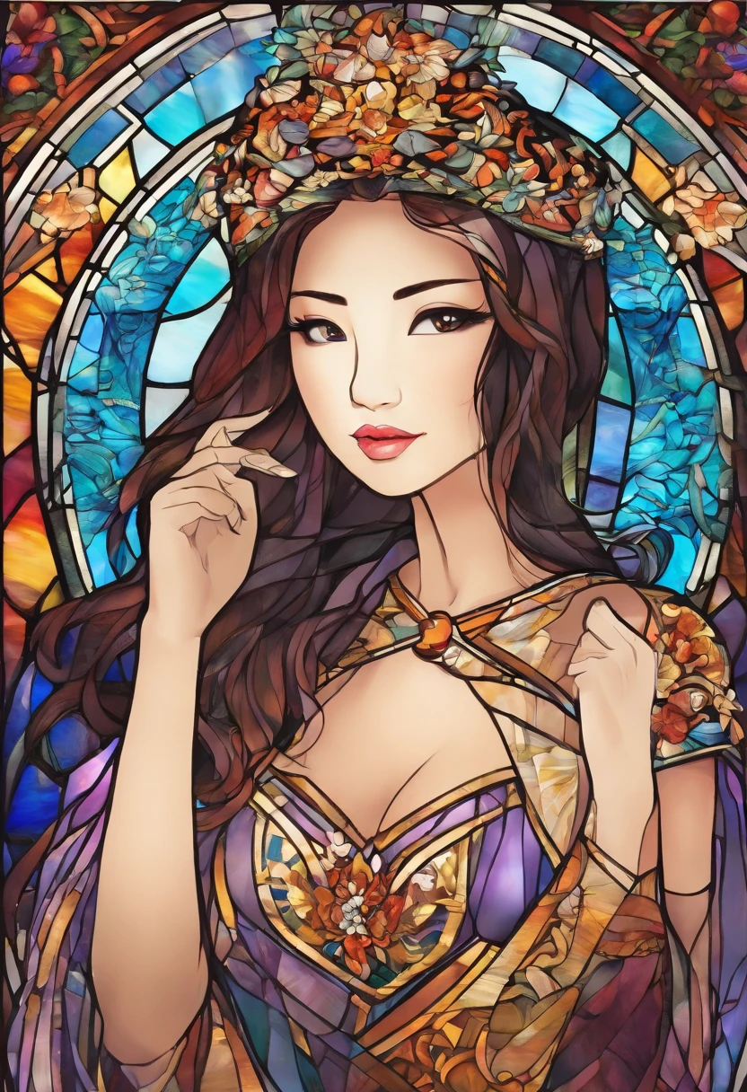 Asian Beautiful girl, Stained Glass, NAKED, best quality, masterpiece, ultra high resolution, (photorealistic:1.4), raw photo, shiny skin, BRIGHT BODY, dramatic lighting, full body, big breasts, exposed breasts, different positions , different poses, different variations