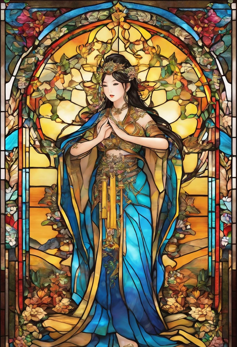 Asian Beautiful girl, Stained Glass, NAKED, best quality, masterpiece, ultra high resolution, (photorealistic:1.4), raw photo, shiny skin, BRIGHT BODY, dramatic lighting, full body, big breasts, exposed breasts, different positions , different poses, different variations
