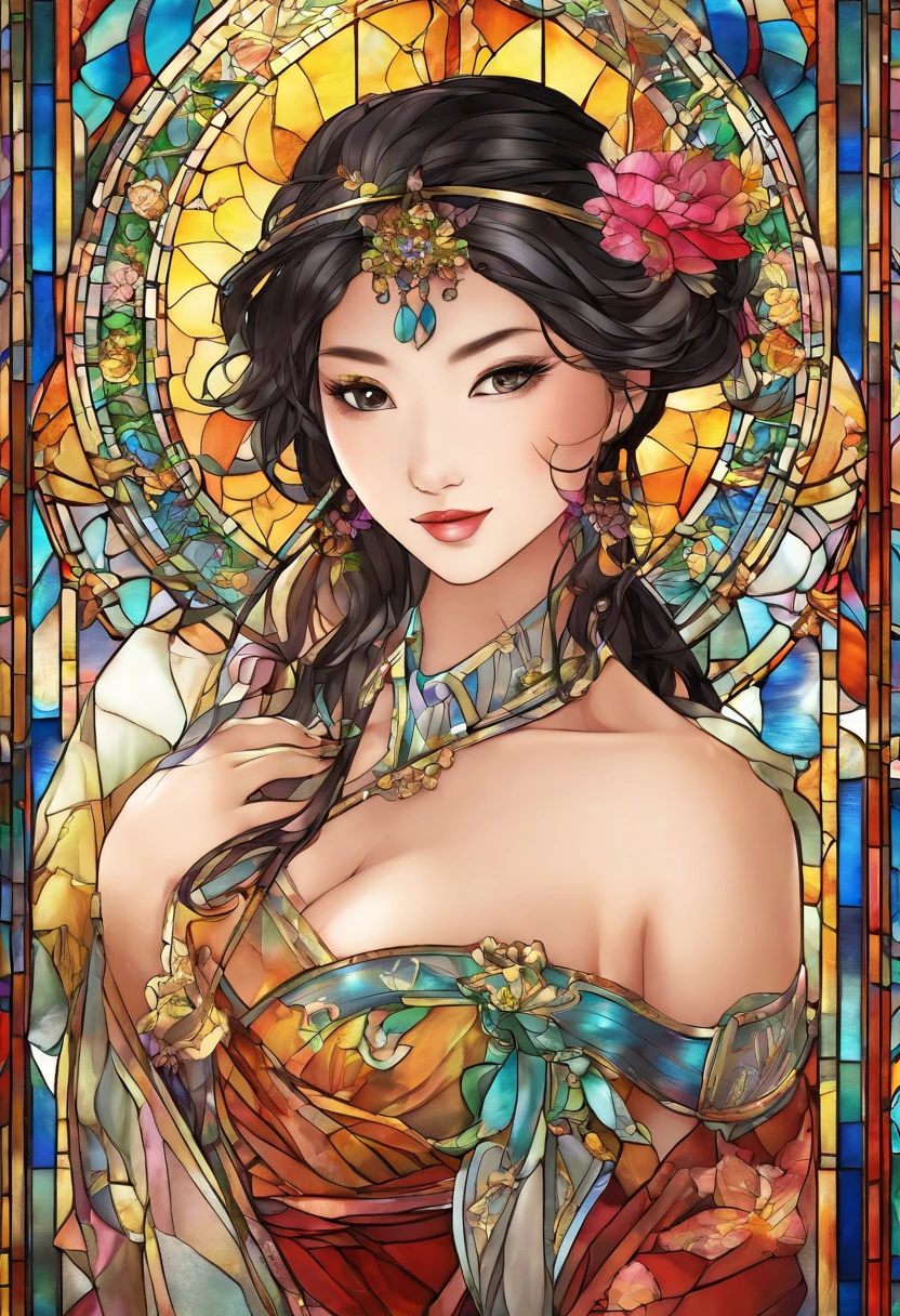 Asian Beautiful girl, Stained Glass, NAKED, best quality, masterpiece, ultra high resolution, (photorealistic:1.4), raw photo, shiny skin, BRIGHT BODY, dramatic lighting, full body, big breasts, exposed breasts, different positions , different poses, different variations