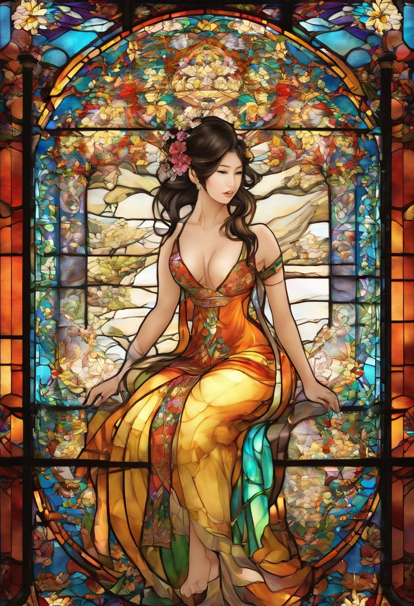 Asian Beautiful girl, Stained Glass, NAKED, best quality, masterpiece, ultra high resolution, (photorealistic:1.4), raw photo, shiny skin, BRIGHT BODY, dramatic lighting, full body, big breasts, exposed breasts, different positions , different poses, different variations