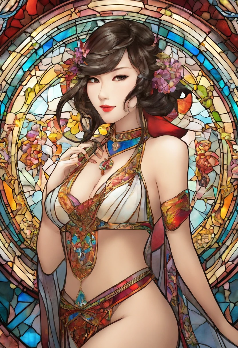 Asian Beautiful girl, Stained Glass, NAKED, best quality, masterpiece, ultra high resolution, (photorealistic:1.4), raw photo, shiny skin, BRIGHT BODY, dramatic lighting, full body, big breasts, exposed breasts, different positions , different poses, different variations