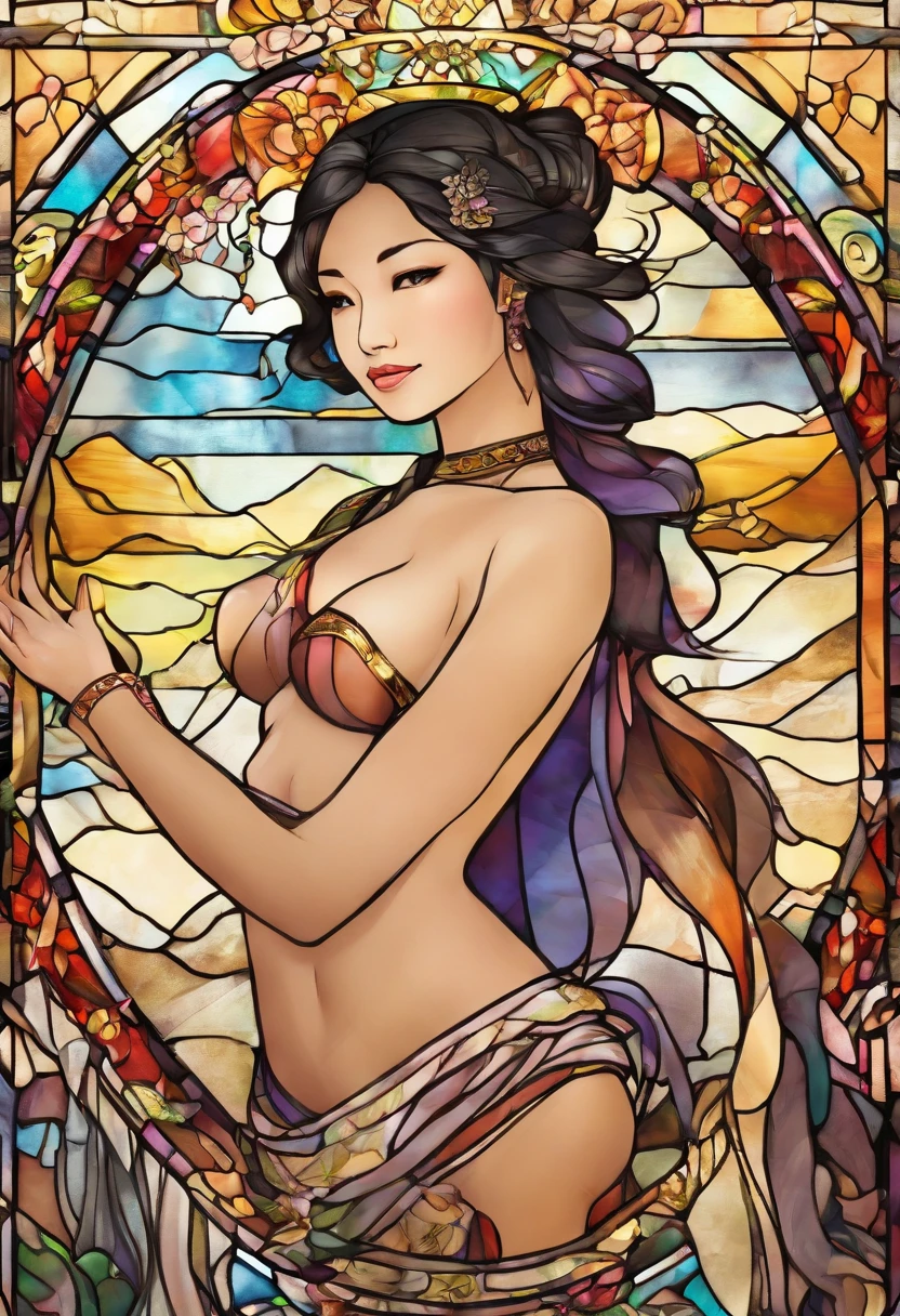 Asian Beautiful girl, Stained Glass, NAKED, best quality, masterpiece, ultra high resolution, (photorealistic:1.4), raw photo, shiny skin, BRIGHT BODY, dramatic lighting, full body, big breasts, exposed breasts, different positions , different poses, different variations