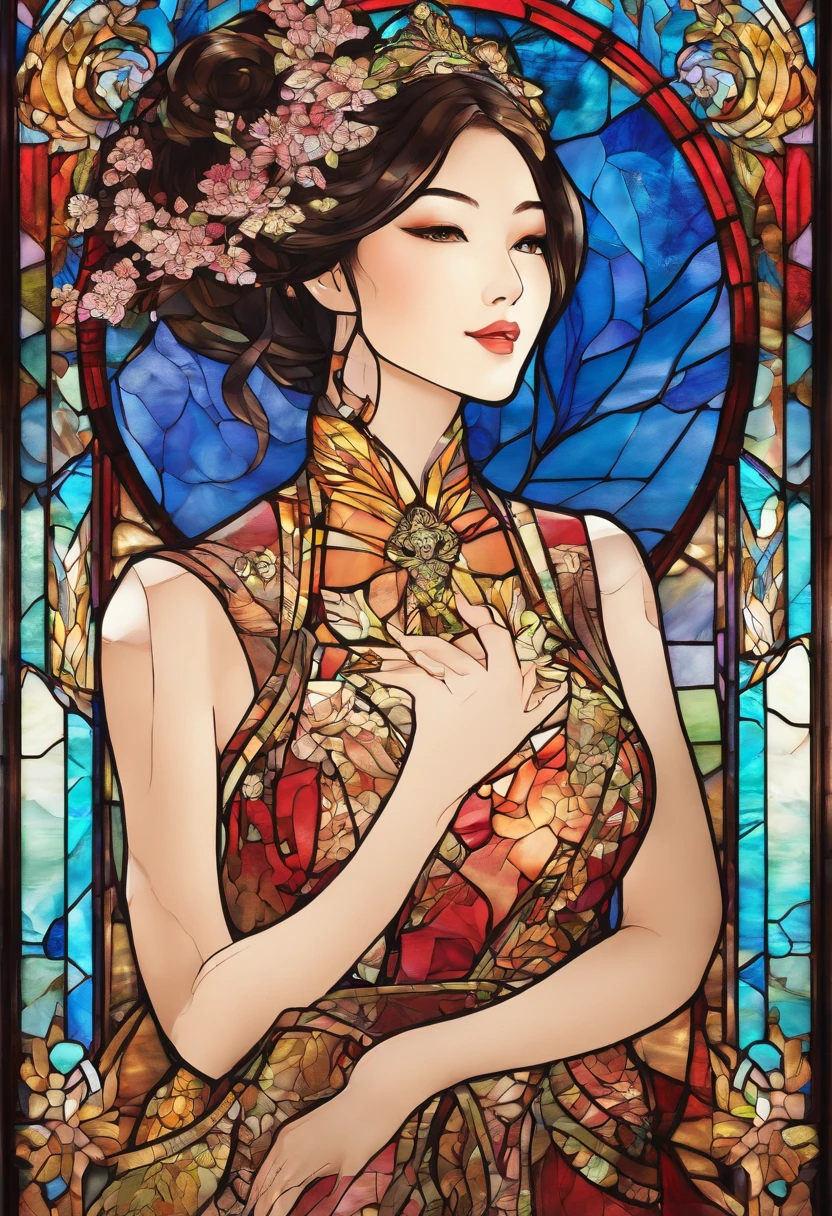 Asian Beautiful girl, Stained Glass, NAKED, best quality, masterpiece, ultra high resolution, (photorealistic:1.4), raw photo, shiny skin, BRIGHT BODY, dramatic lighting, full body, big breasts, exposed breasts, different positions , different poses, different variations