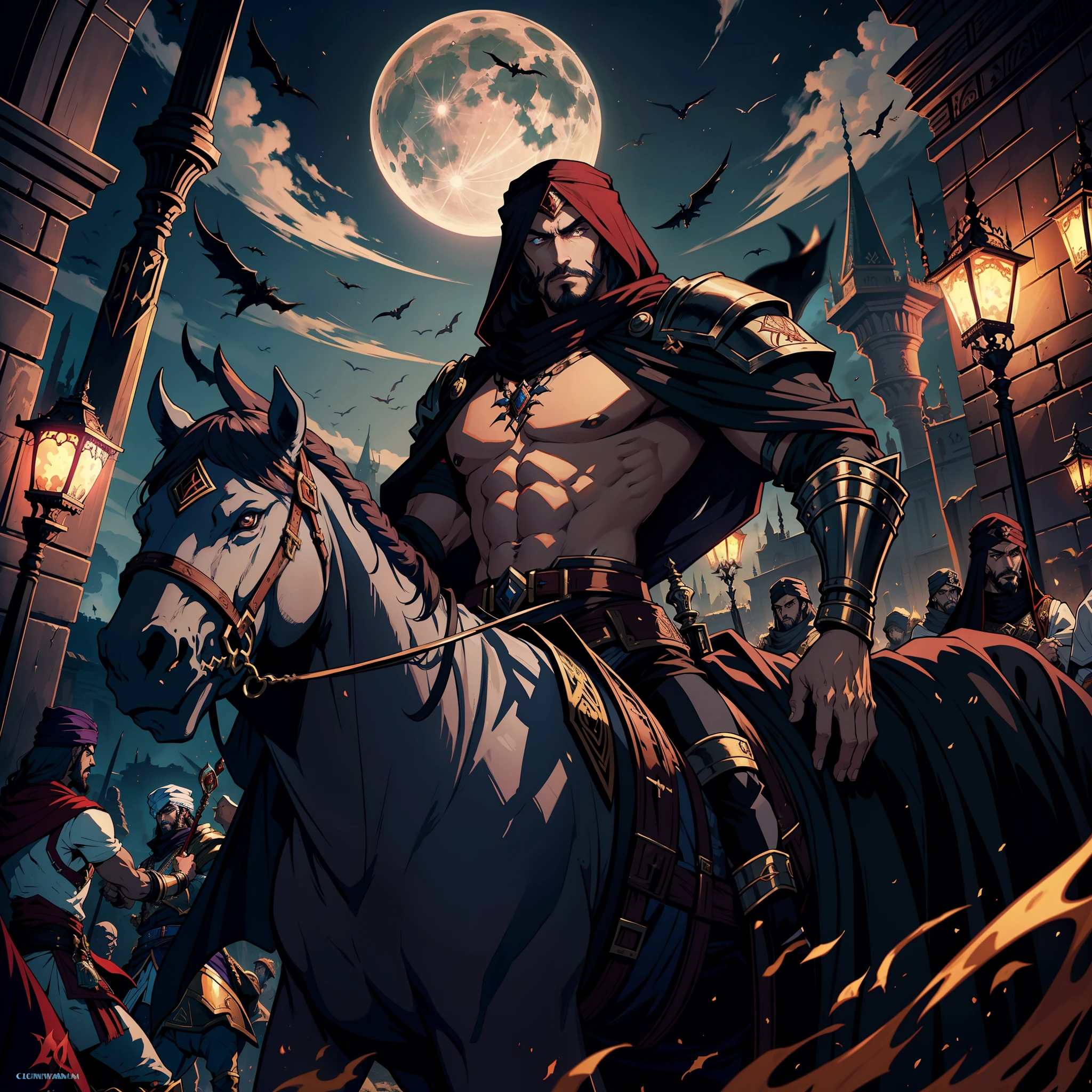 Castlevania Lord of Shadows Handsome Arab Man with Moroccan Arab Scril Turban Legendary Face Ferochyper Realistic Super Detailed Moroccan Handsome Arab Lord Muscular Dracula Leading the Troops Djinn Army into battle Infernal Moon War Battle Atmosphere Hyper Realistic Super Detailed Dynamic Shot Master Cutscenes Legendary Scenes Epic Movie Legendary Army